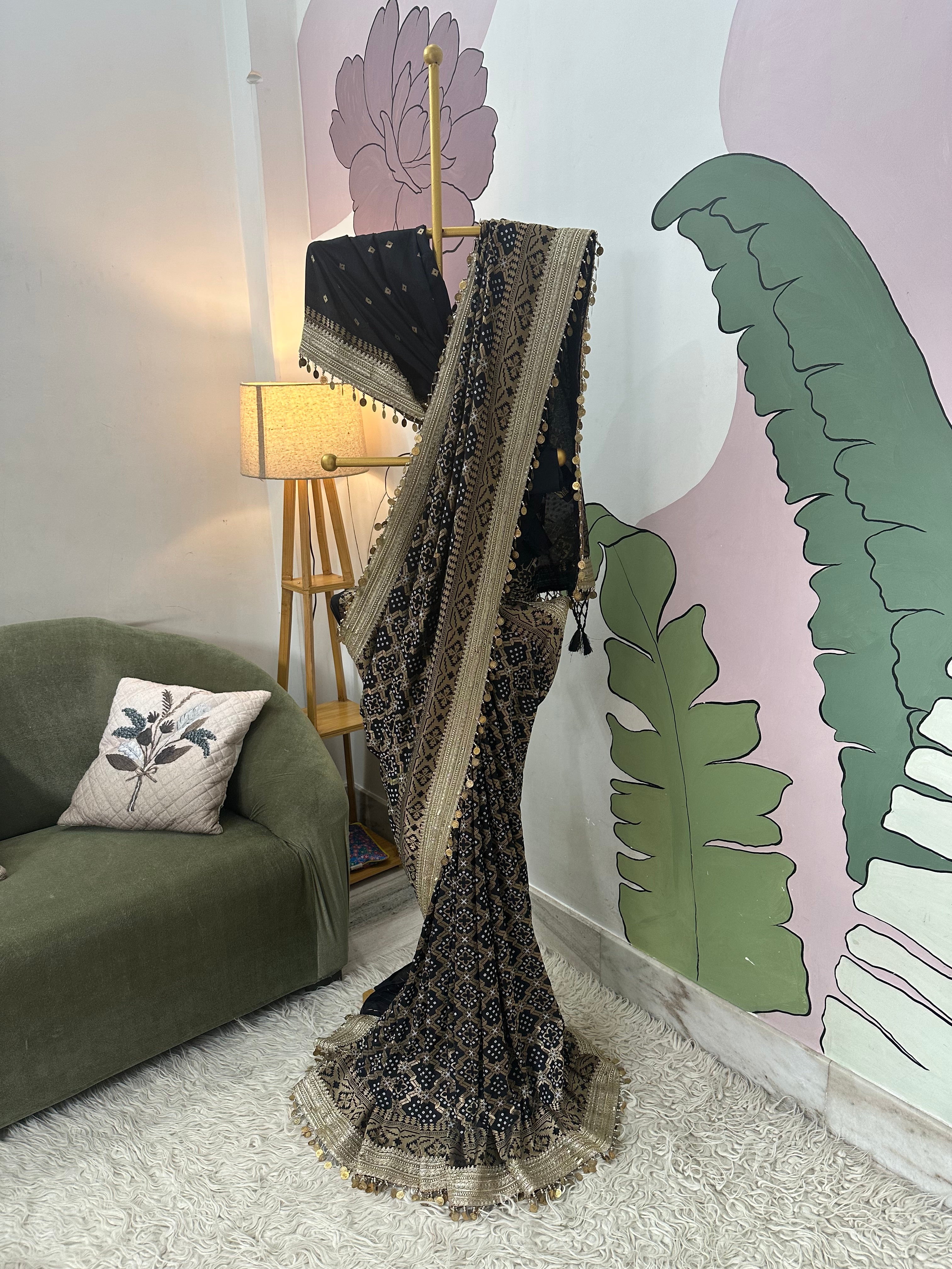 Black Designer Georgette Katan Silk Saree with Gota Patti and Coin lace