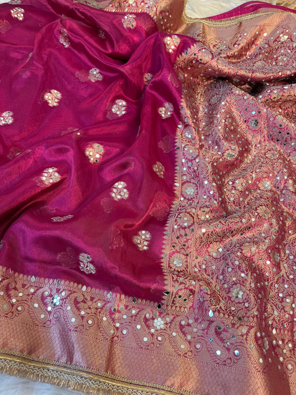 Designer Banarasi Tissue Saree with mirror Work on all over Body with Intricate Border and Pallu Design Along with heavy mirror work and Gotta Patti Lace Work