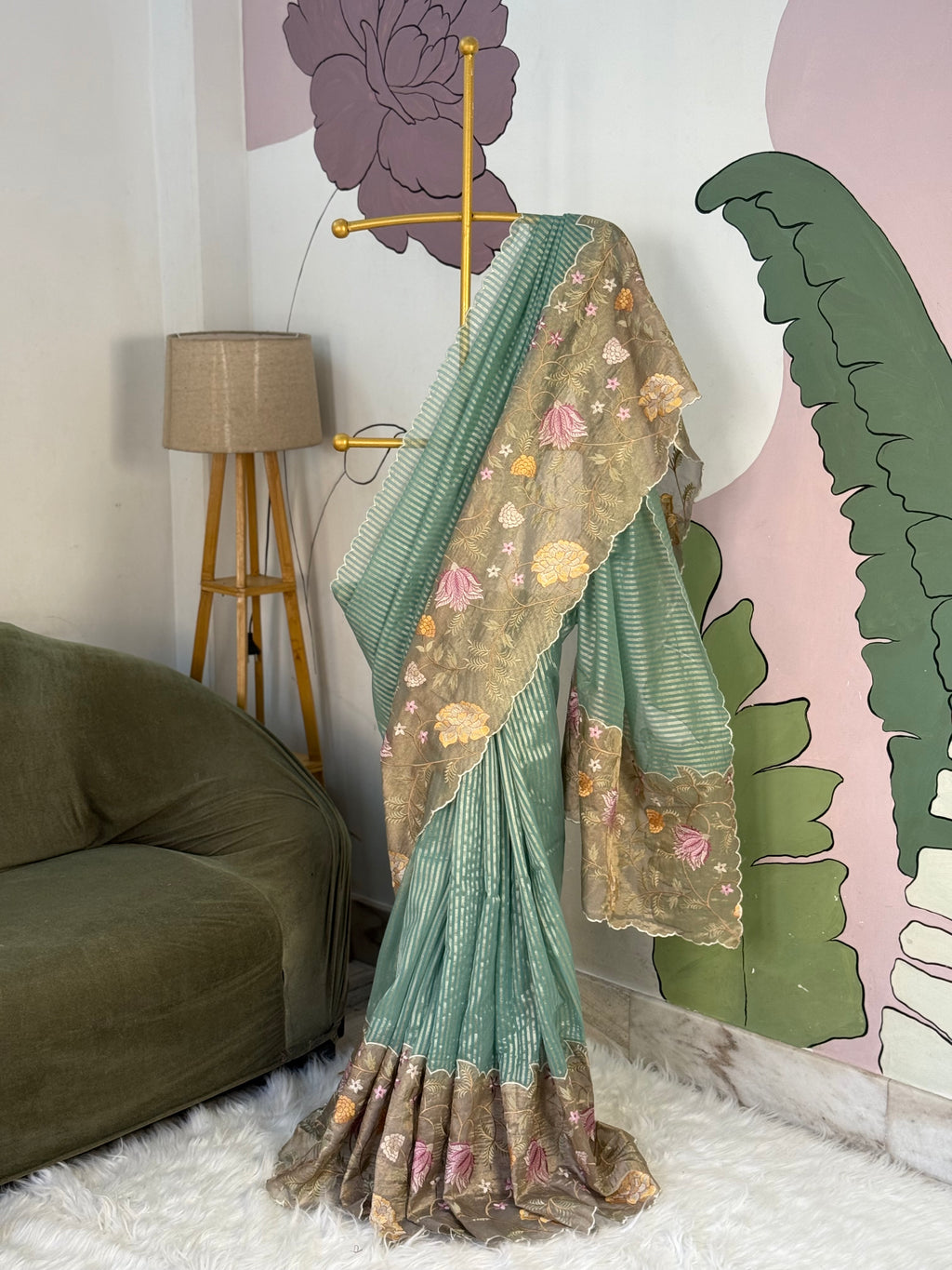 Pastel Blue Designer Chiniya Tissue Silk Stripe Saree with multi color floral embroidered on Tissue Base