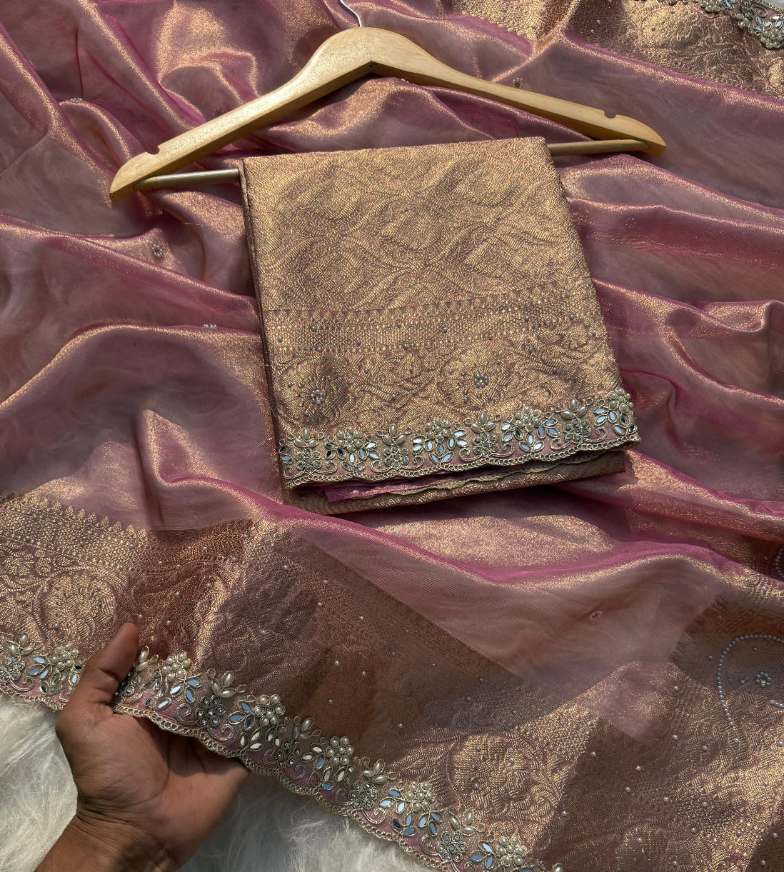 Designer Banarasi Tissue Saree with Pearl Work on all over Body with Intricate Border and Pallu Design Along with Gotta Patti Lace Work