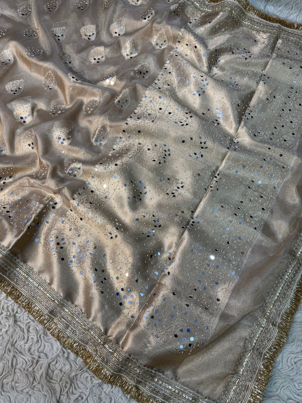 Ivory Designer Banarasi Tissue Buta Saree with Pearl and mirror Work on all over Body with Intricate Border and Gotta Patti Lace Work