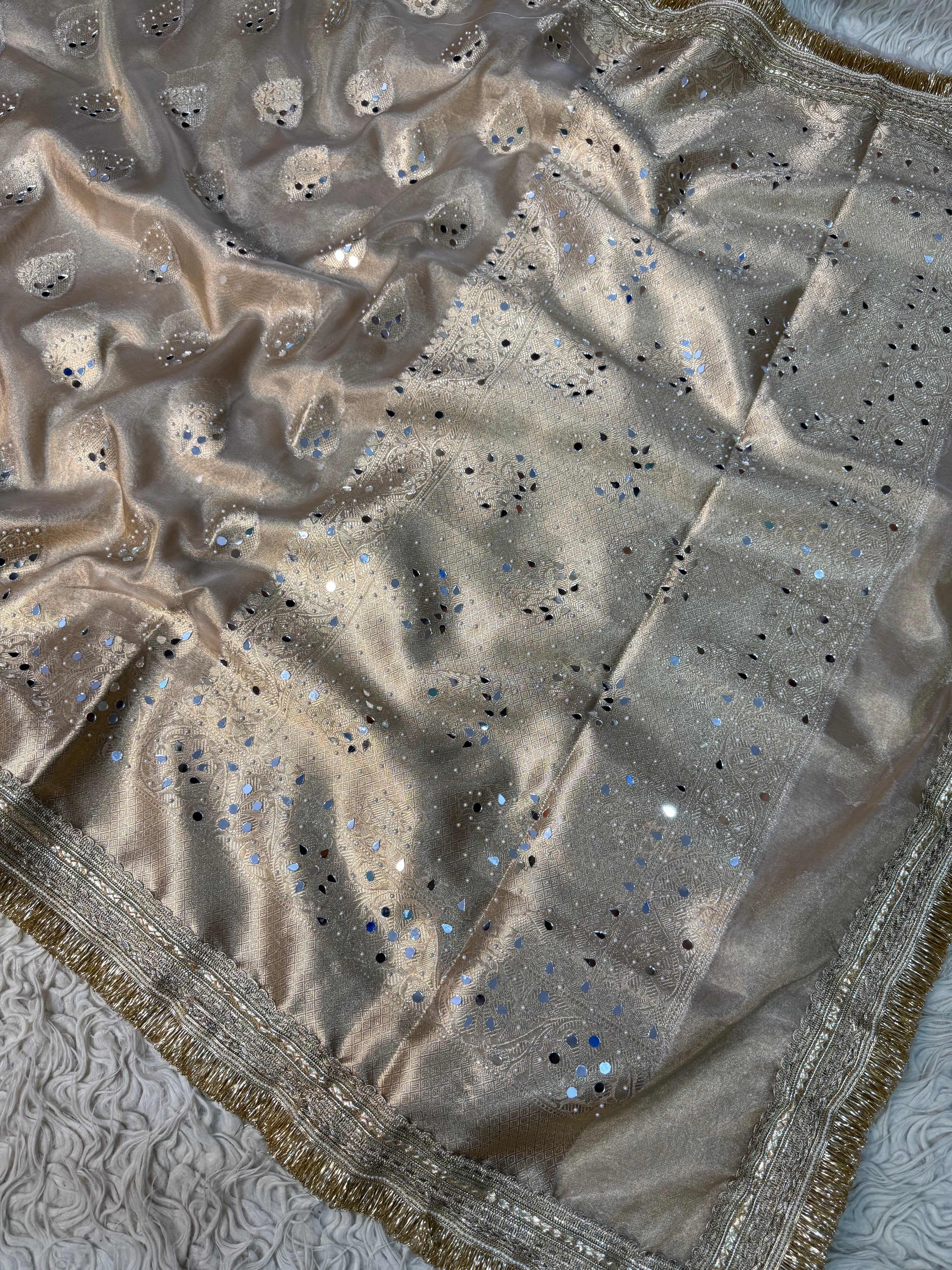 Ivory Designer Banarasi Tissue Buta Saree with Pearl and mirror Work on all over Body with Intricate Border and Gotta Patti Lace Work
