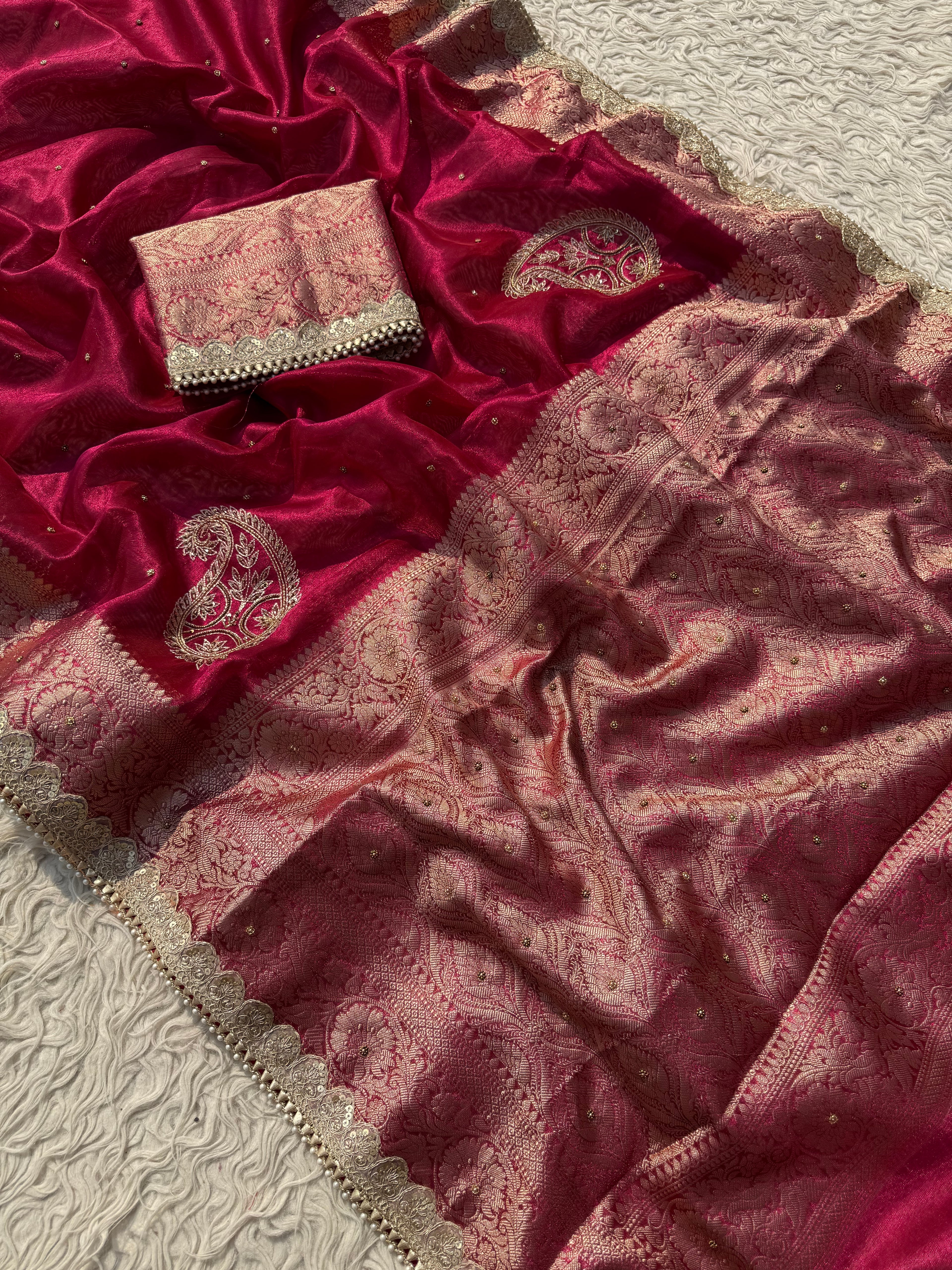 Designer rani Tissue Saree with Pearl and Mirror Work Border Attached Jhalar Pearl in Pallu and Elegant Jaal Pattern Blouse Piece