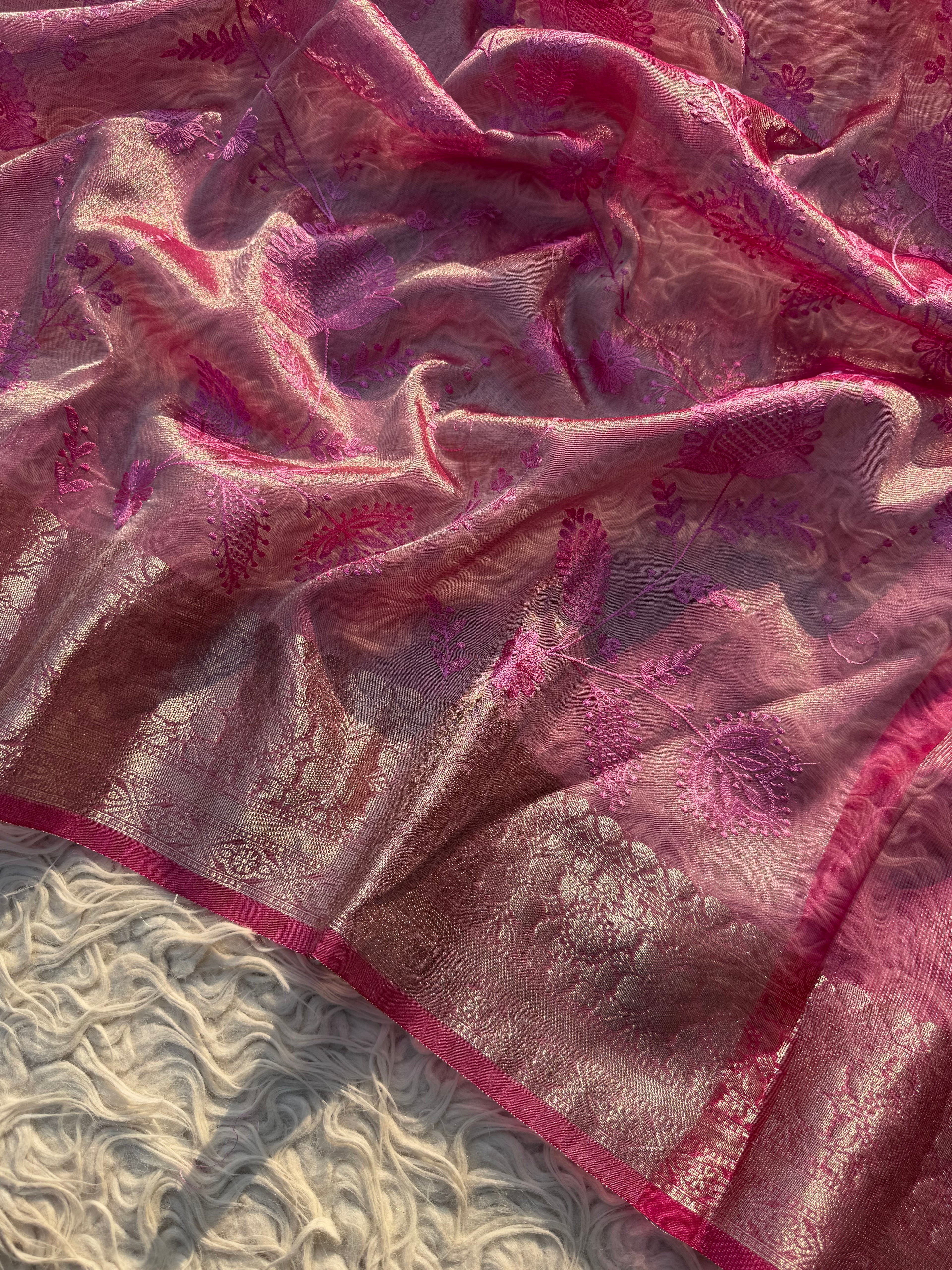 Pink Banarasi Embroidery Tissue Silk Saree