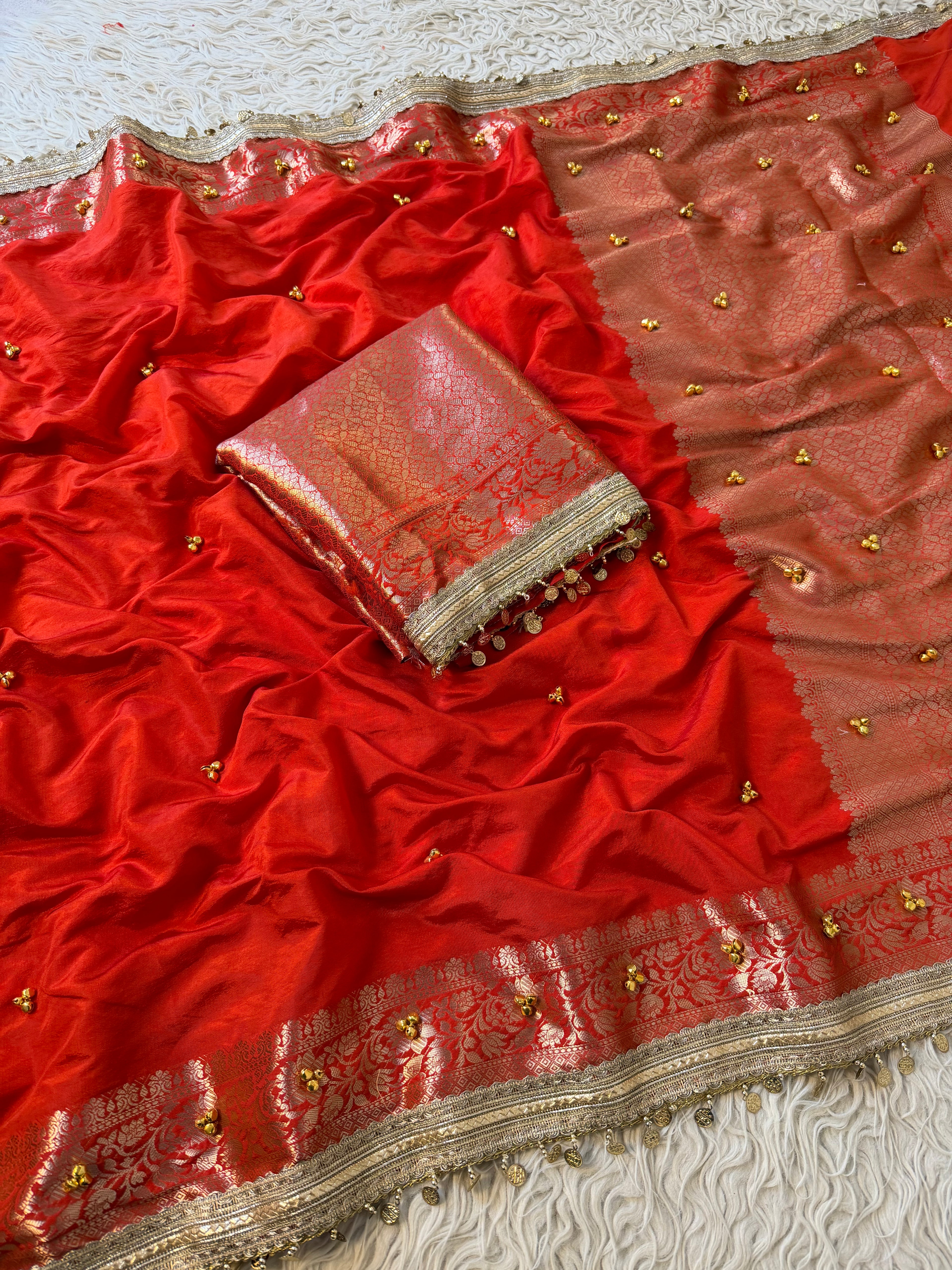 Orange Banarasi butter silk saree X ghungroo work
