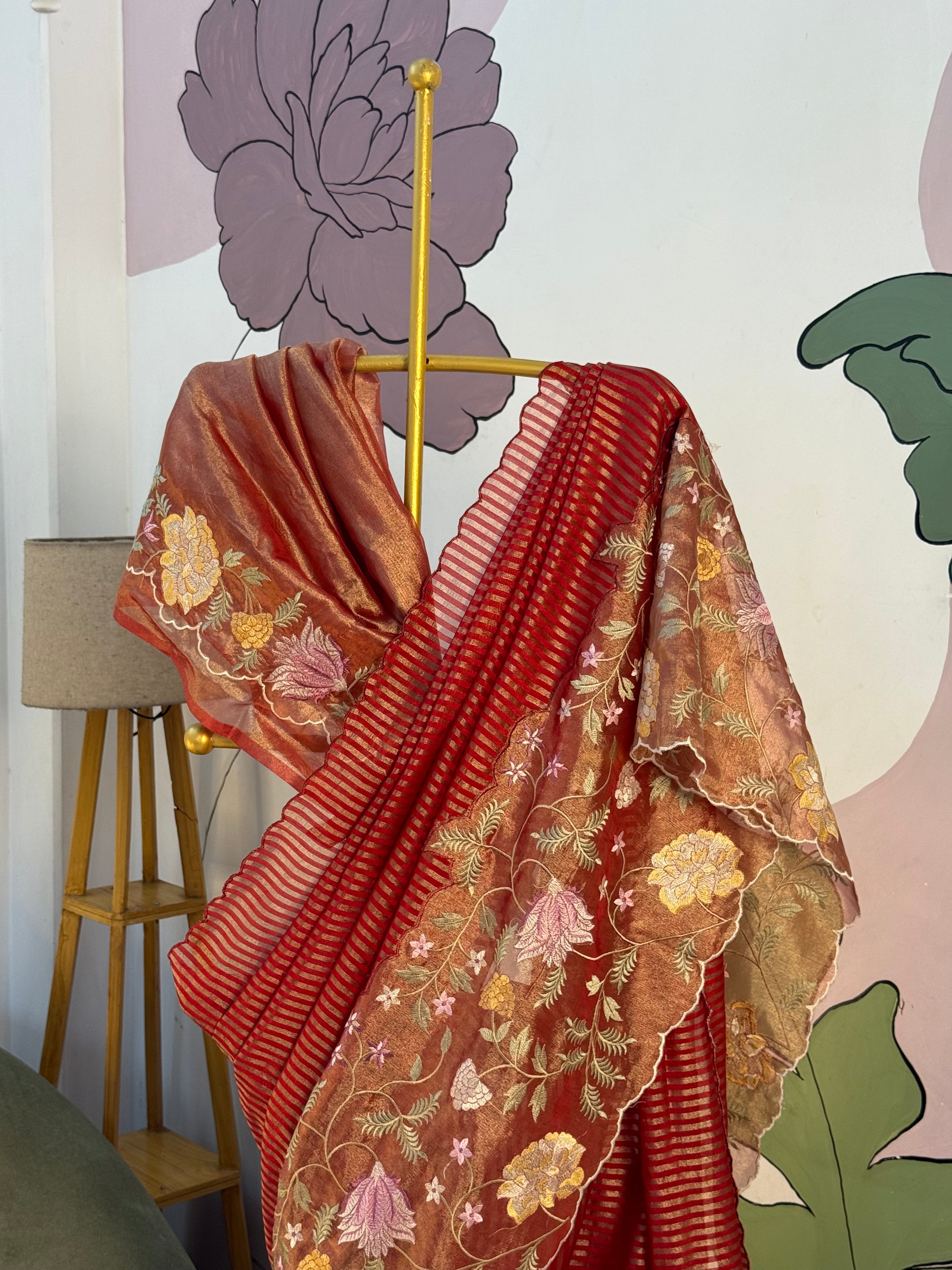 Red Designer Chiniya Tissue Silk Stripe Saree with multi color floral embroidered on Tissue Base