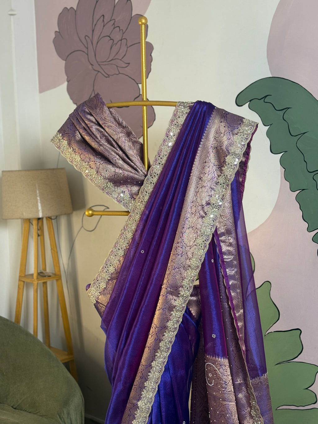 Designer Banarasi Tissue Saree with Pearl Work on all over Body with Intricate Border and Pallu Design Along with Gotta Patti Lace Work