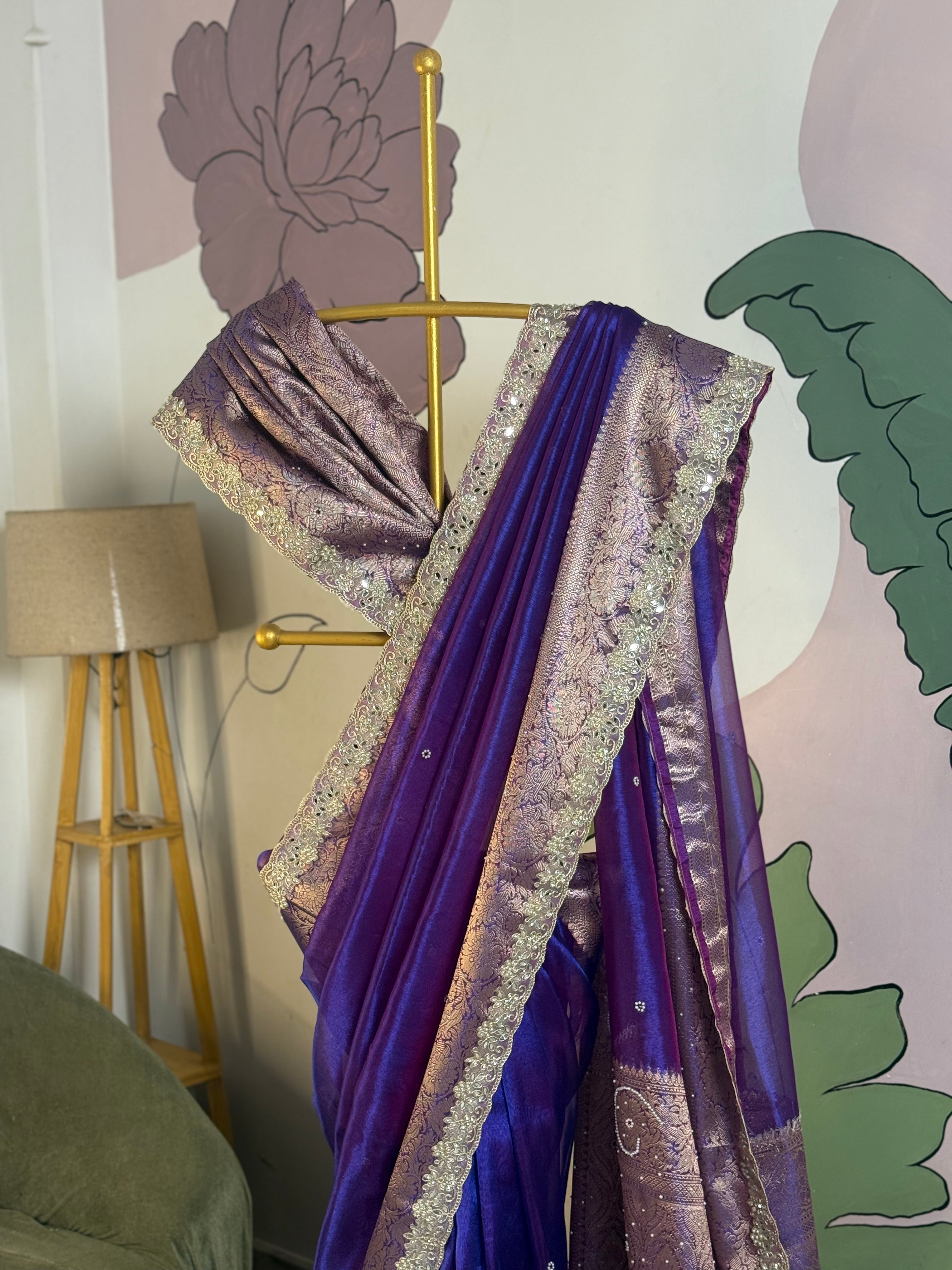 Designer Banarasi Tissue Saree with Pearl Work on all over Body with Intricate Border and Pallu Design Along with Gotta Patti Lace Work