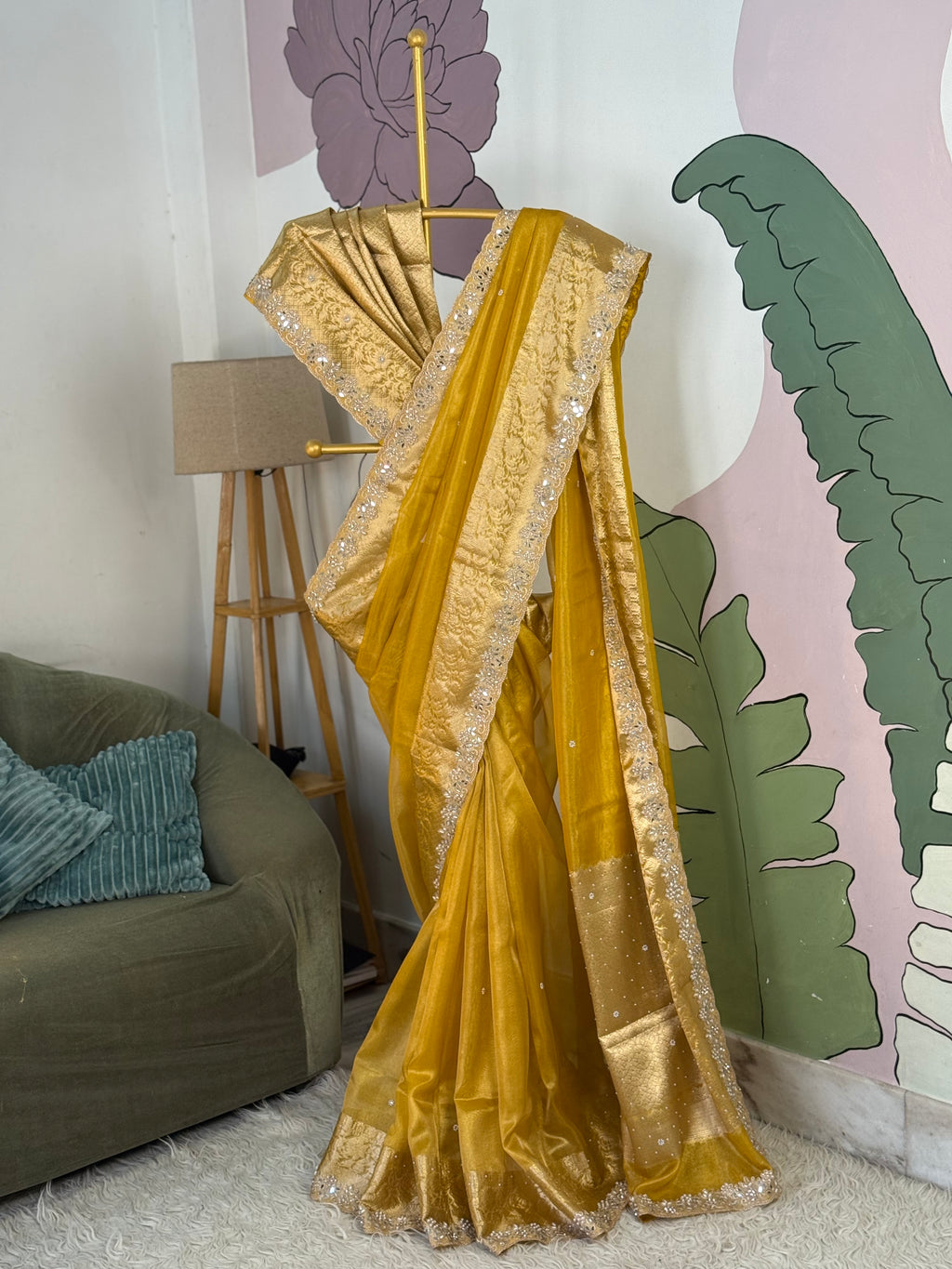 Designer Banarasi Tissue Saree with Pearl Work on all over Body with Intricate Border and Pallu Design Along with Gotta Patti Lace Work