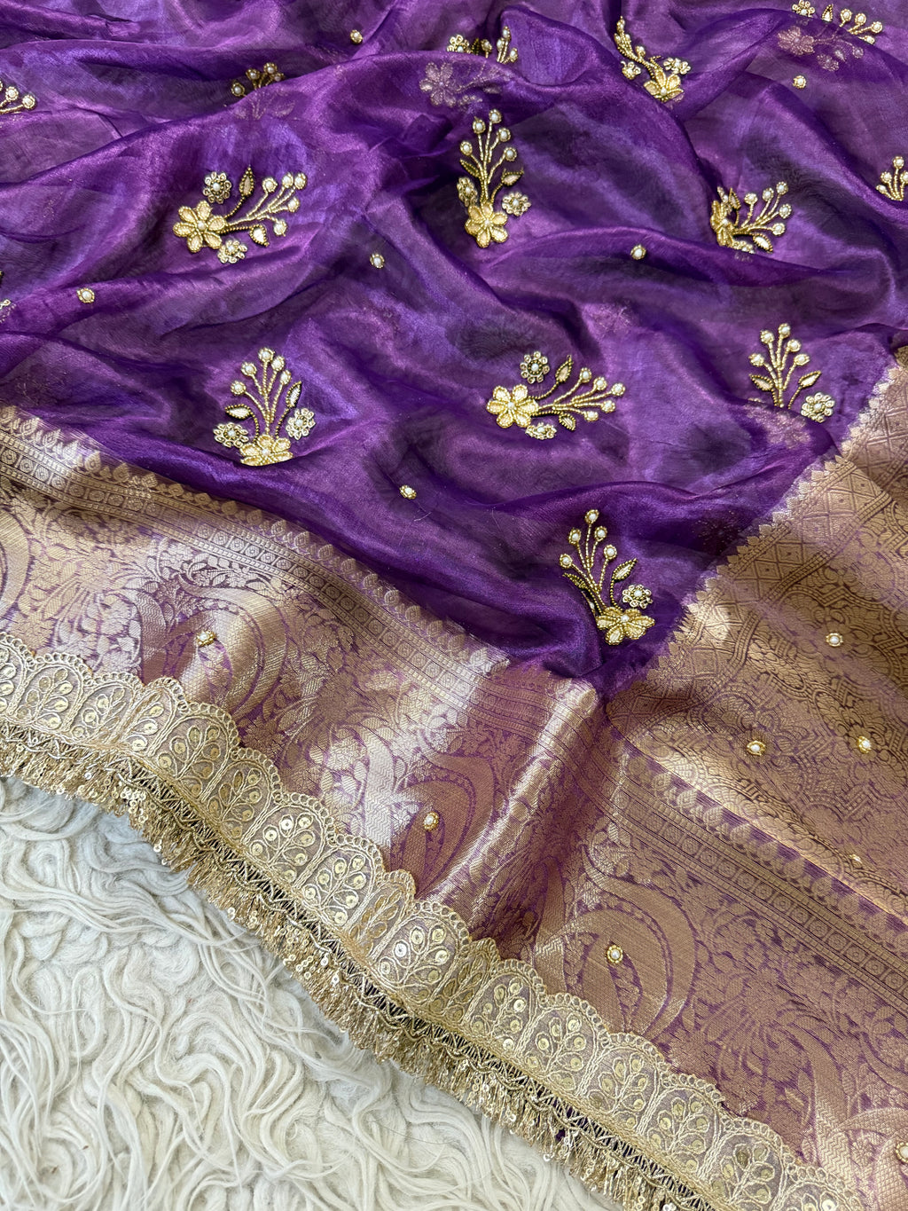 100%Pure Banarasi Tissue Saree with Hand Work on all over Body with Intricate Border and Pallu Design Along with Gotta Patti Lace Work