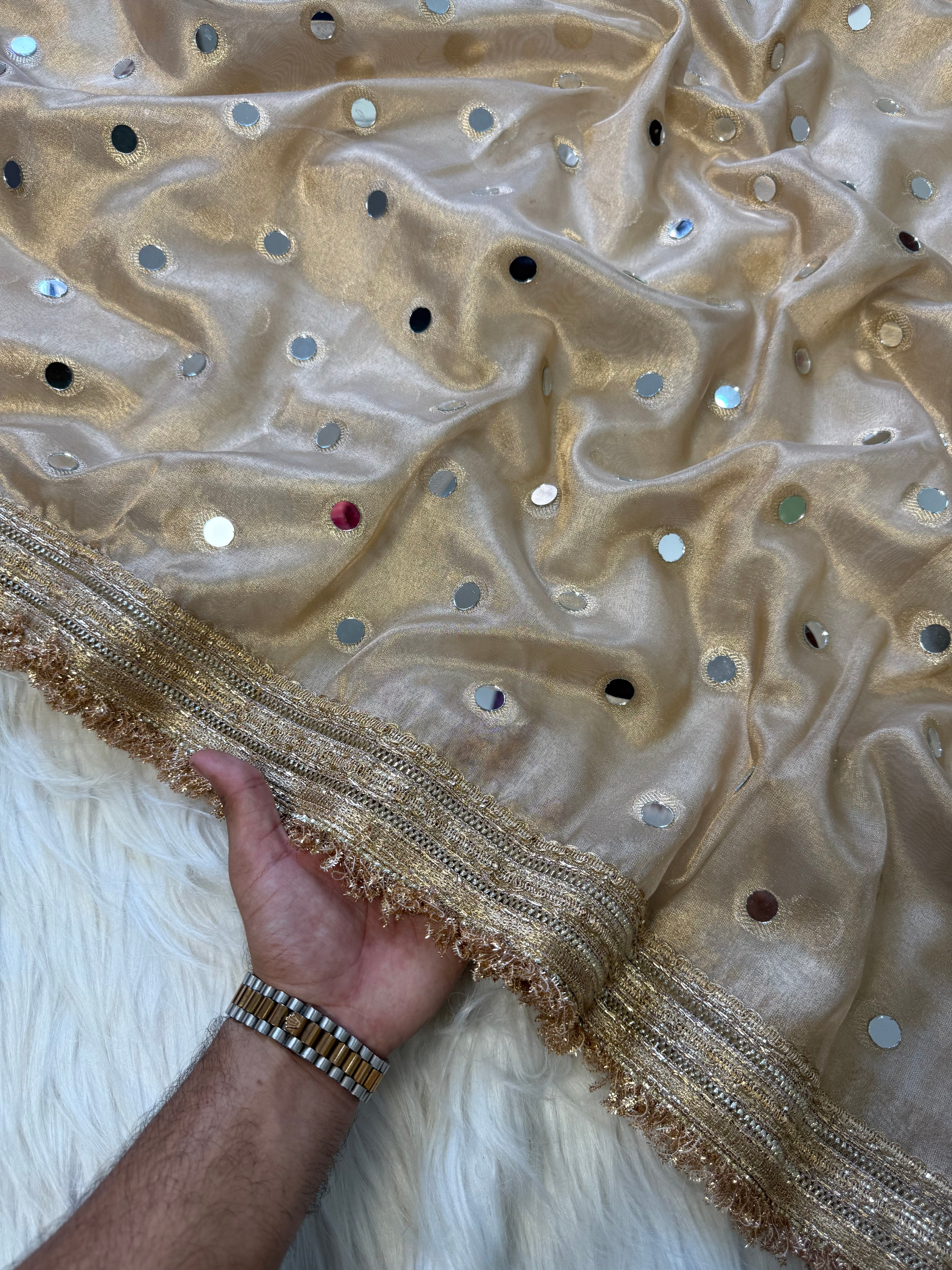 Designer Banarasi Tissue Saree with Pearl and mirror Work on all over Body with Intricate Border and Pallu Design Along with Gotta Patti Lace Work