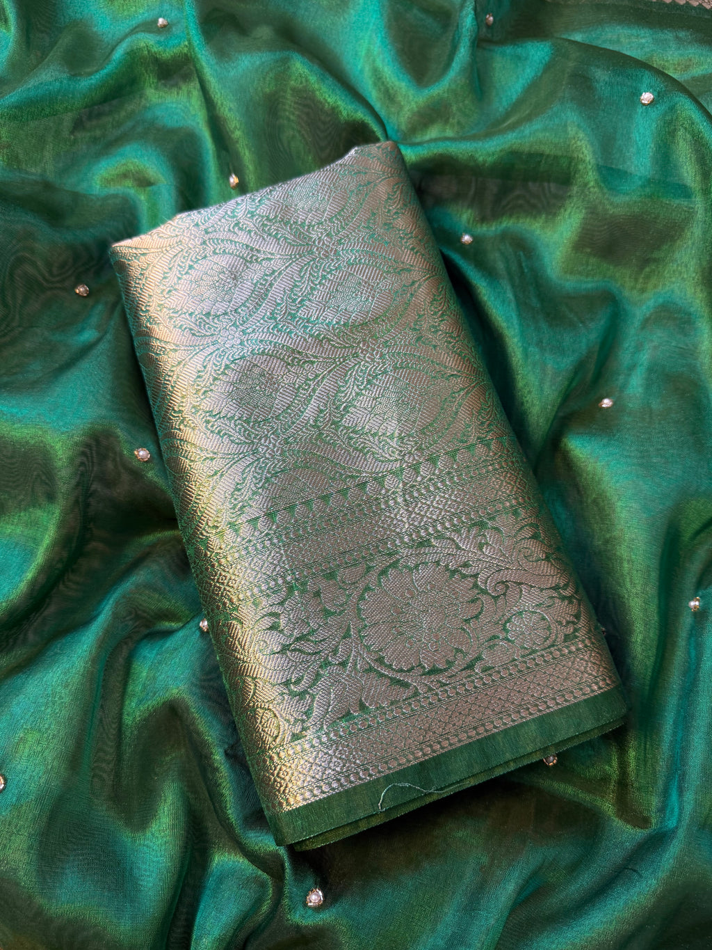 Pretty green Shade Banarasi Tissue Silk Zardozi Handwork Saree