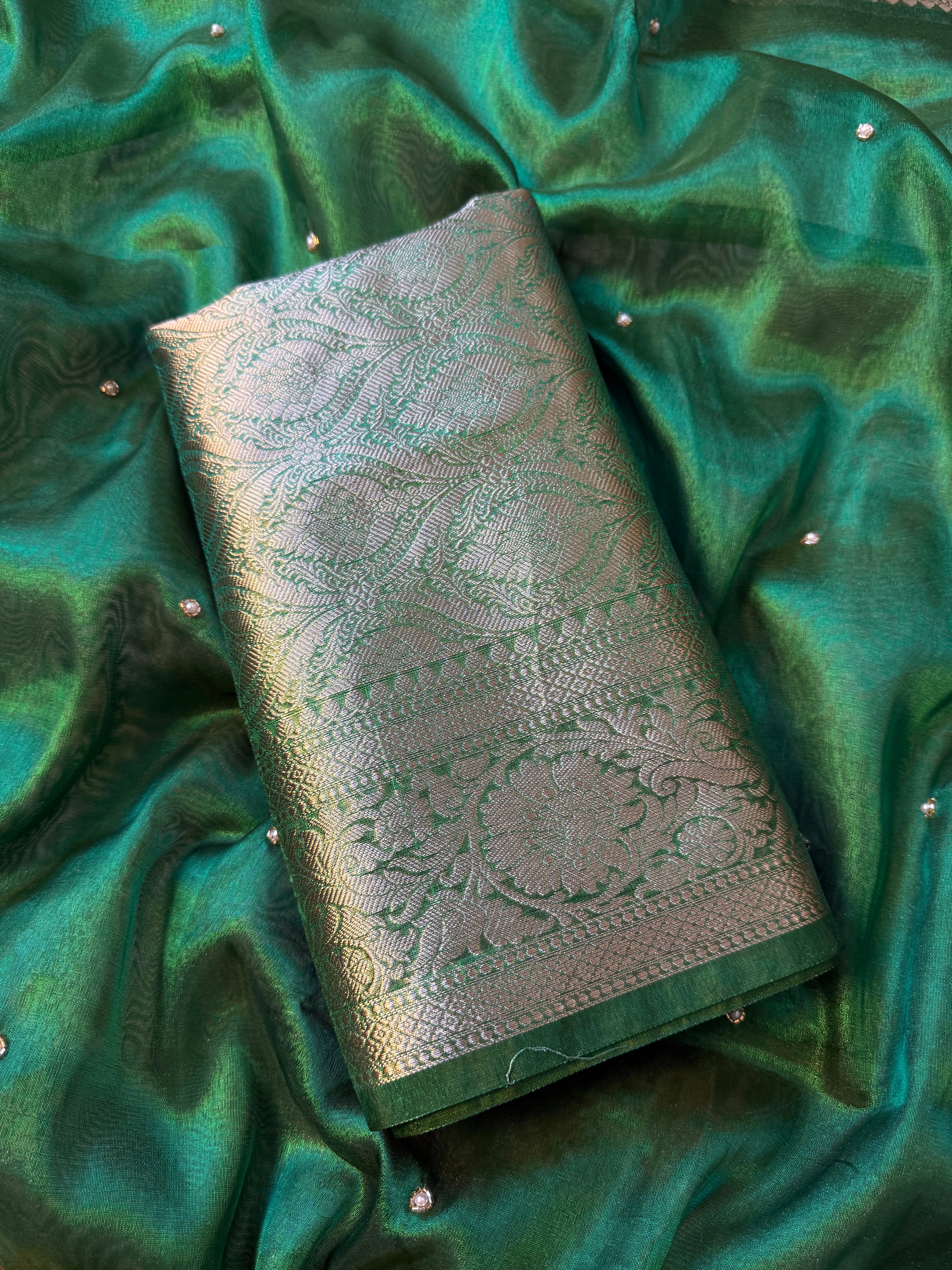 Pretty green Shade Banarasi Tissue Silk Zardozi Handwork Saree