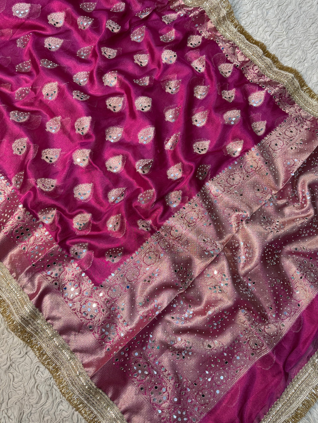 Rani pink Designer Banarasi Tissue Buta Saree with Pearl and mirror Work on all over Body with Intricate Border and Gotta Patti Lace Work