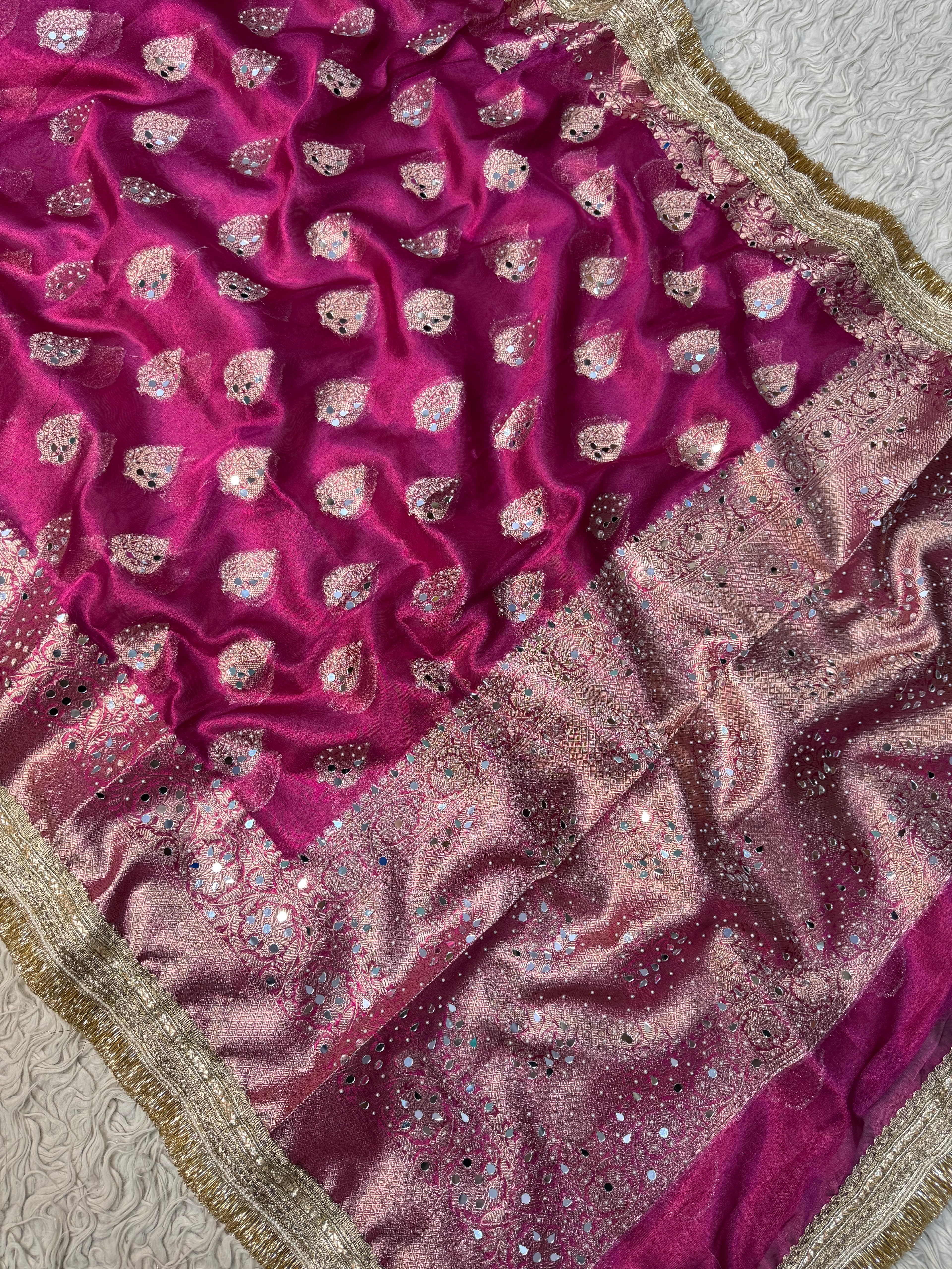 Rani pink Designer Banarasi Tissue Buta Saree with Pearl and mirror Work on all over Body with Intricate Border and Gotta Patti Lace Work