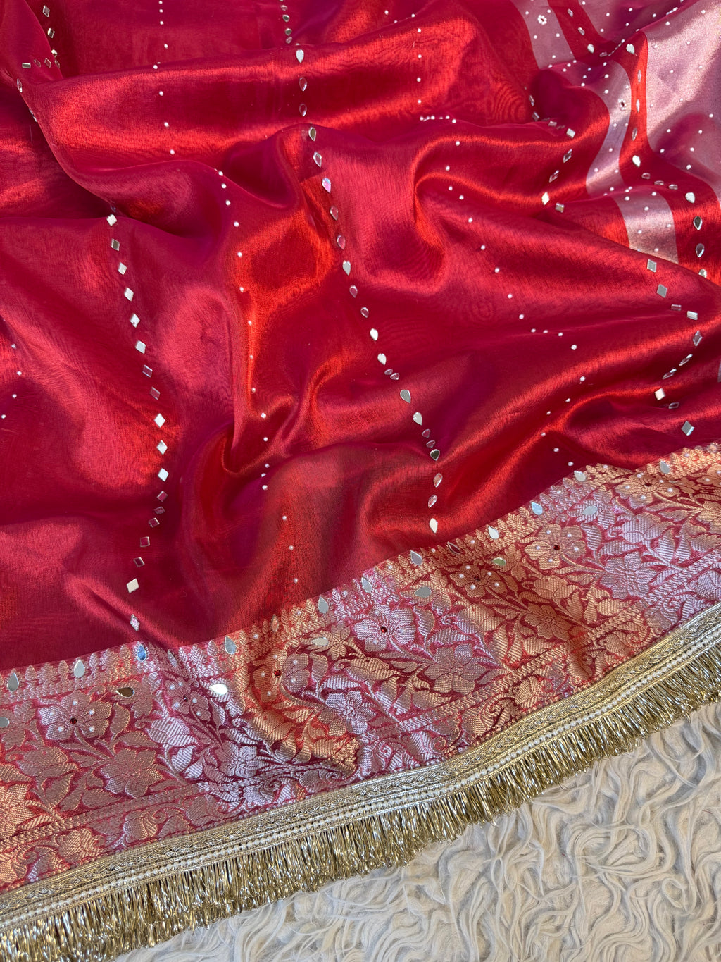 Designer Banarasi Tissue Saree with mirror Work on all over Body with Intricate Border and Pallu Design Along with heavy mirror work and Gotta Patti Lace Work