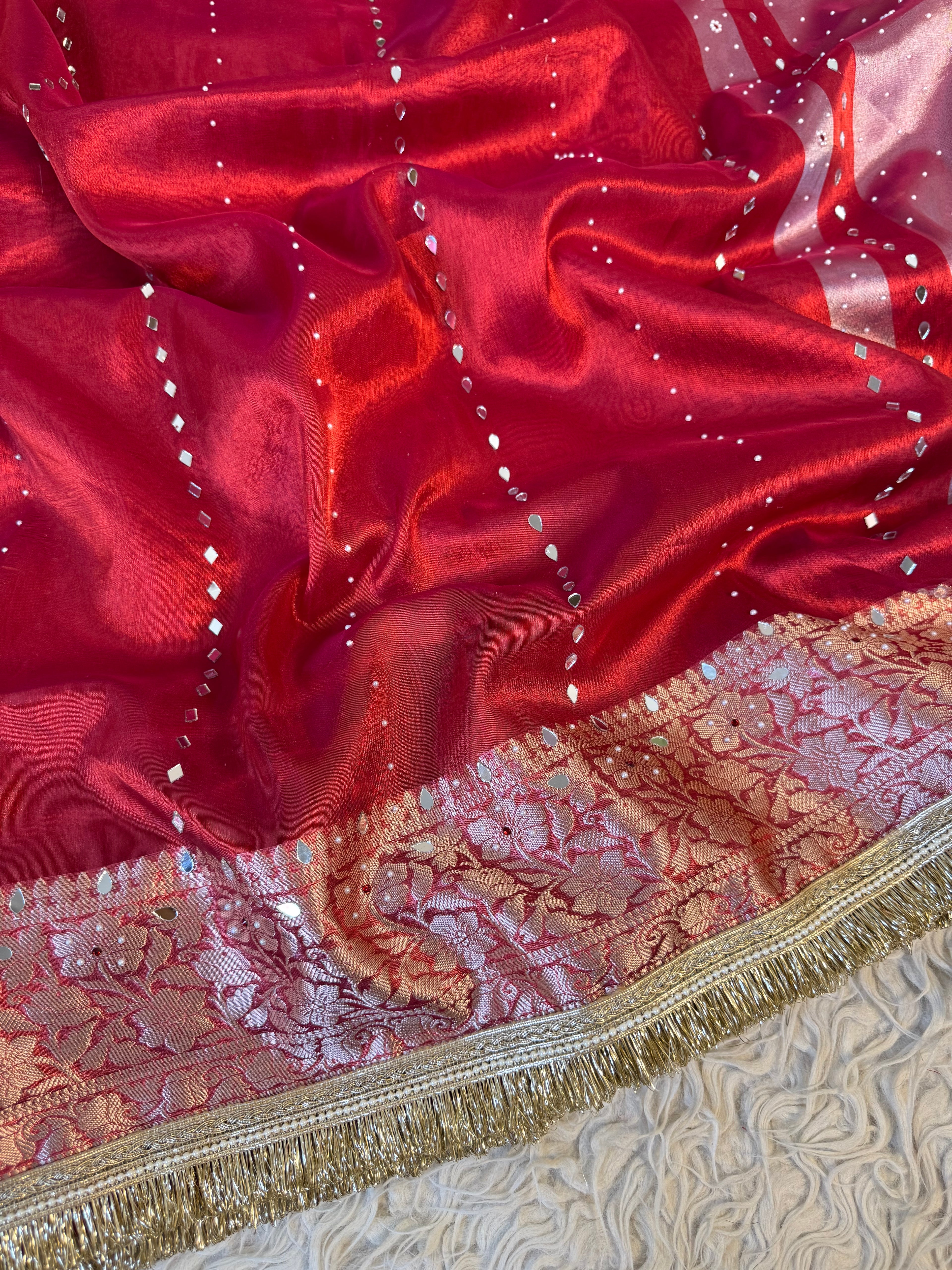Designer Banarasi Tissue Saree with mirror Work on all over Body with Intricate Border and Pallu Design Along with heavy mirror work and Gotta Patti Lace Work