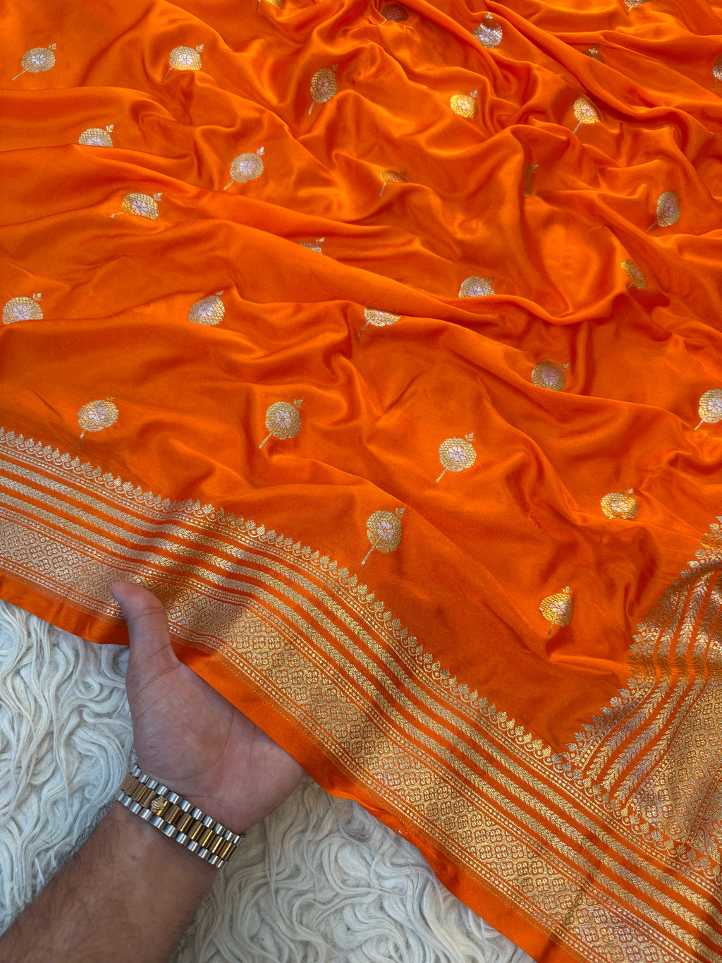 Rare cosmic orange shade Banarasi Mashru Silk Saree All Over Alfi Meena Buta