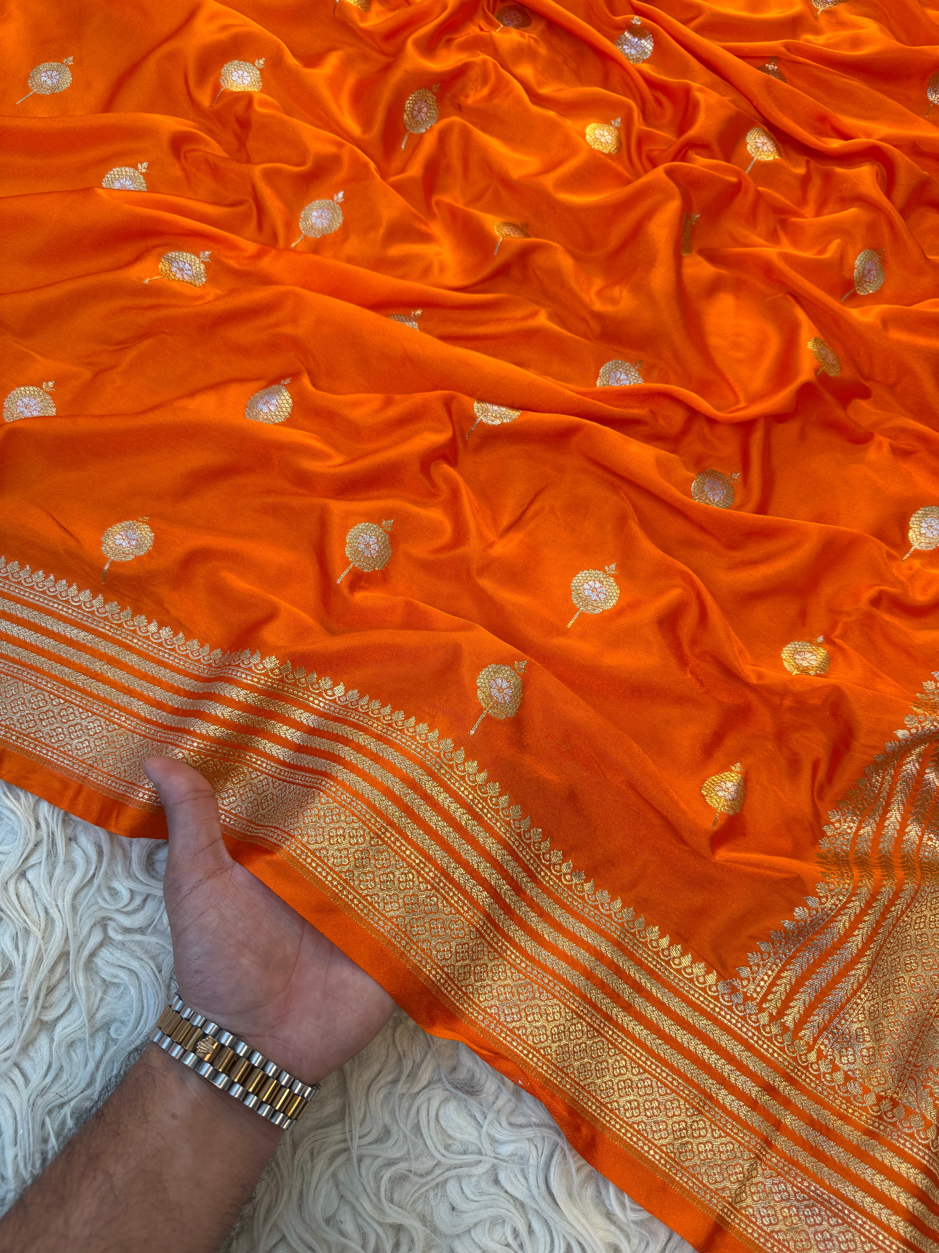 Rare cosmic orange shade Banarasi Mashru Silk Saree All Over Alfi Meena Buta