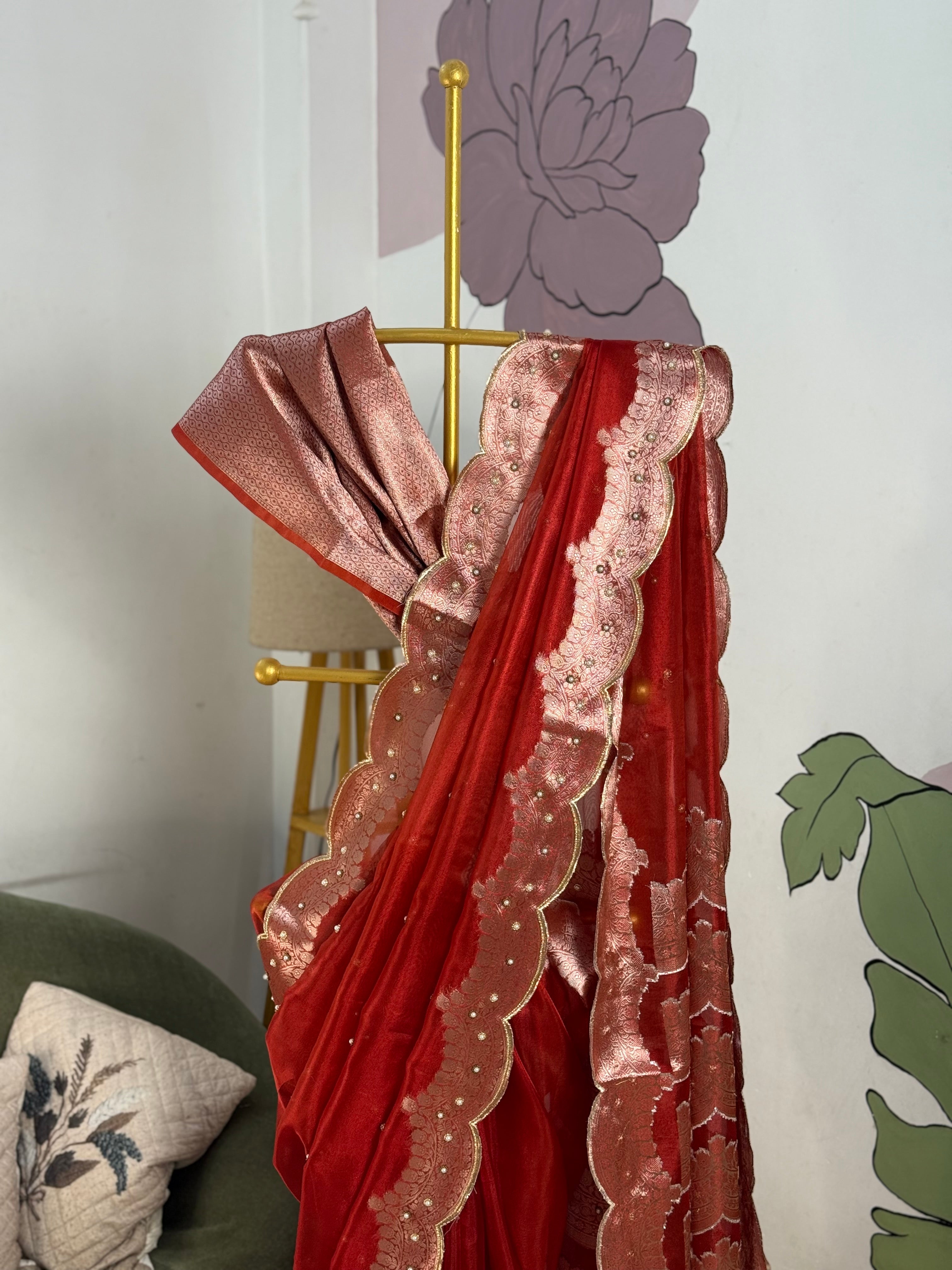 Banarasi Tissue Saree with Aari Work on all over Body with Intricate scallop border and Pallu