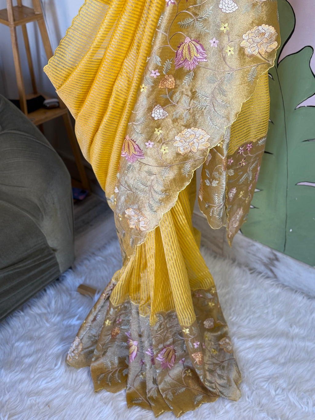 Yellow Designer Chiniya Tissue Silk Stripe Saree with multi color floral embroidered on Tissue Base