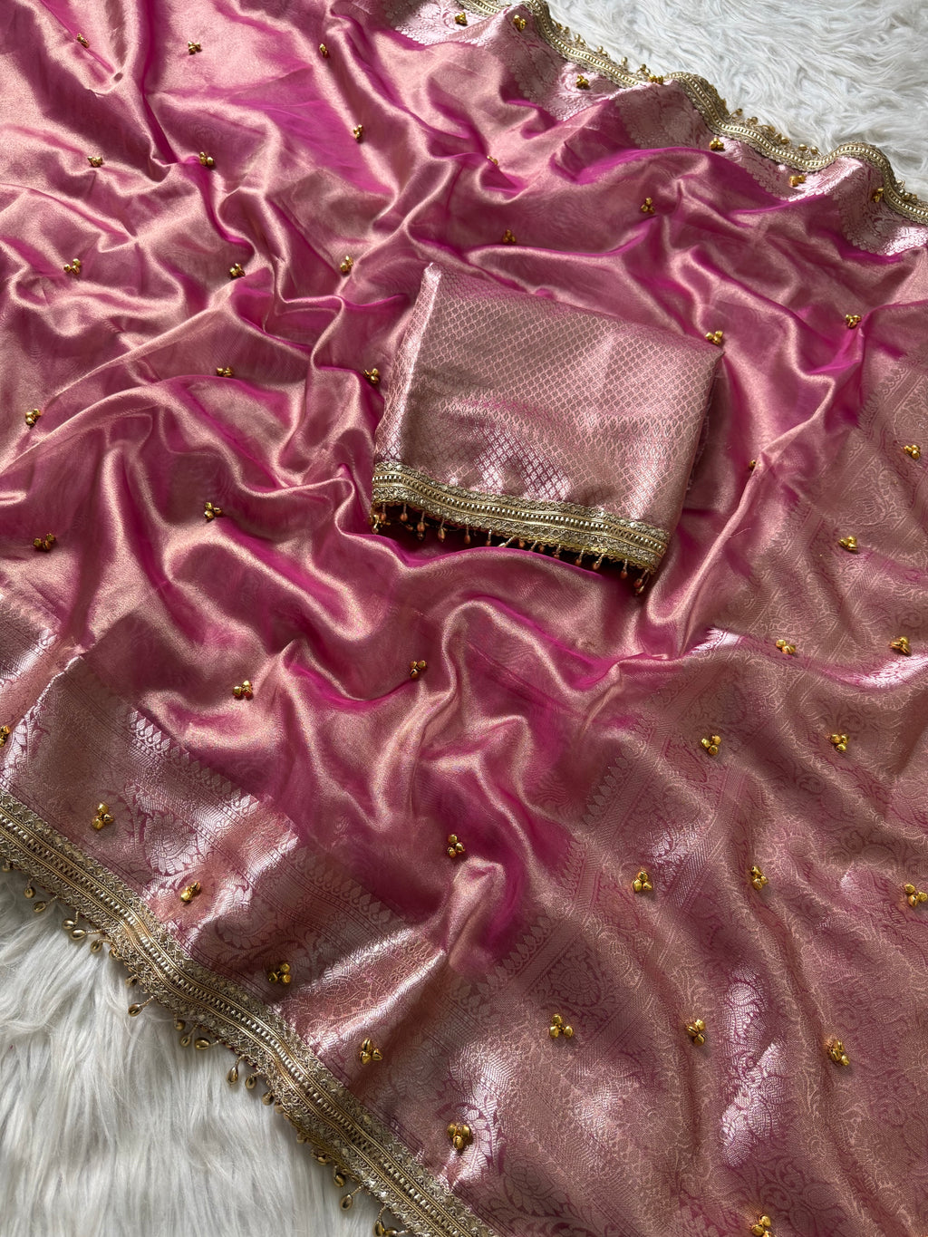 Baby Pink Banarasi tissue saree X ghungroo work