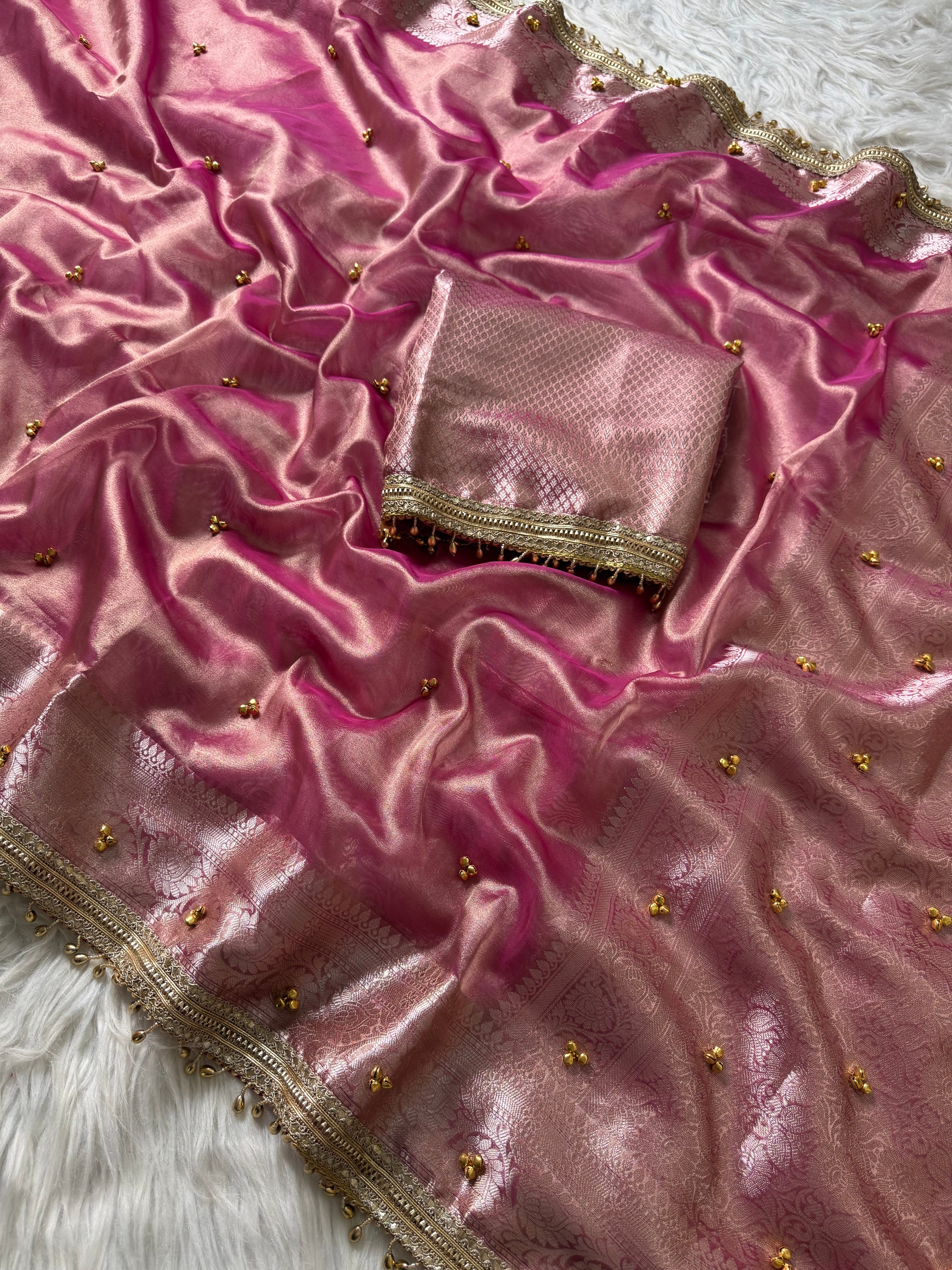 Baby Pink Banarasi tissue saree X ghungroo work