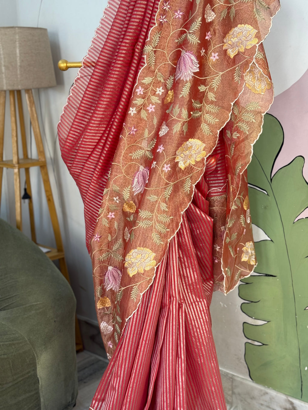 Red Designer Chiniya Tissue Silk Stripe Saree with multi color floral embroidered on Tissue Base