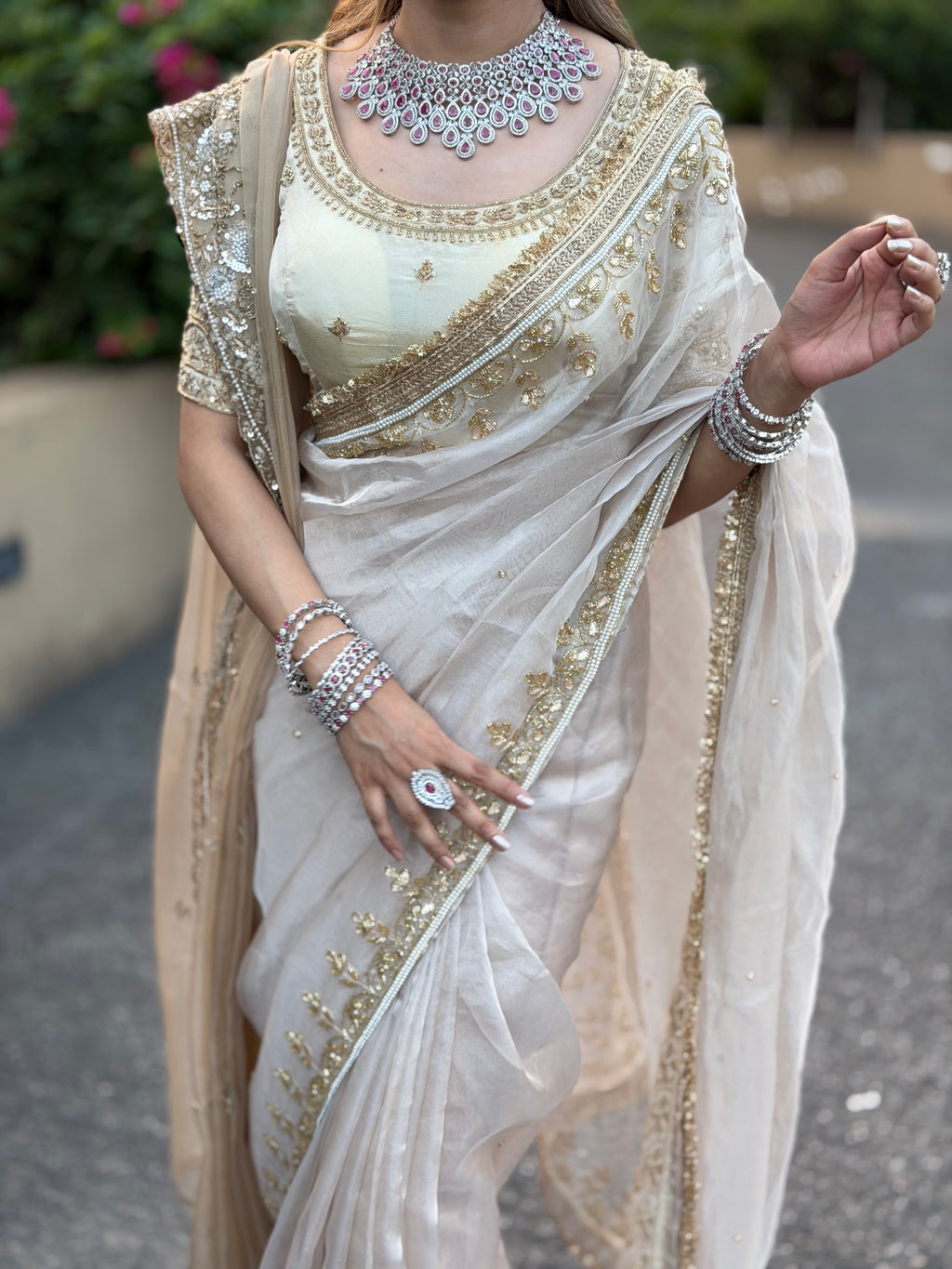 Silver tissue “TARA SUTARIA” pure tissue Banarasi saree