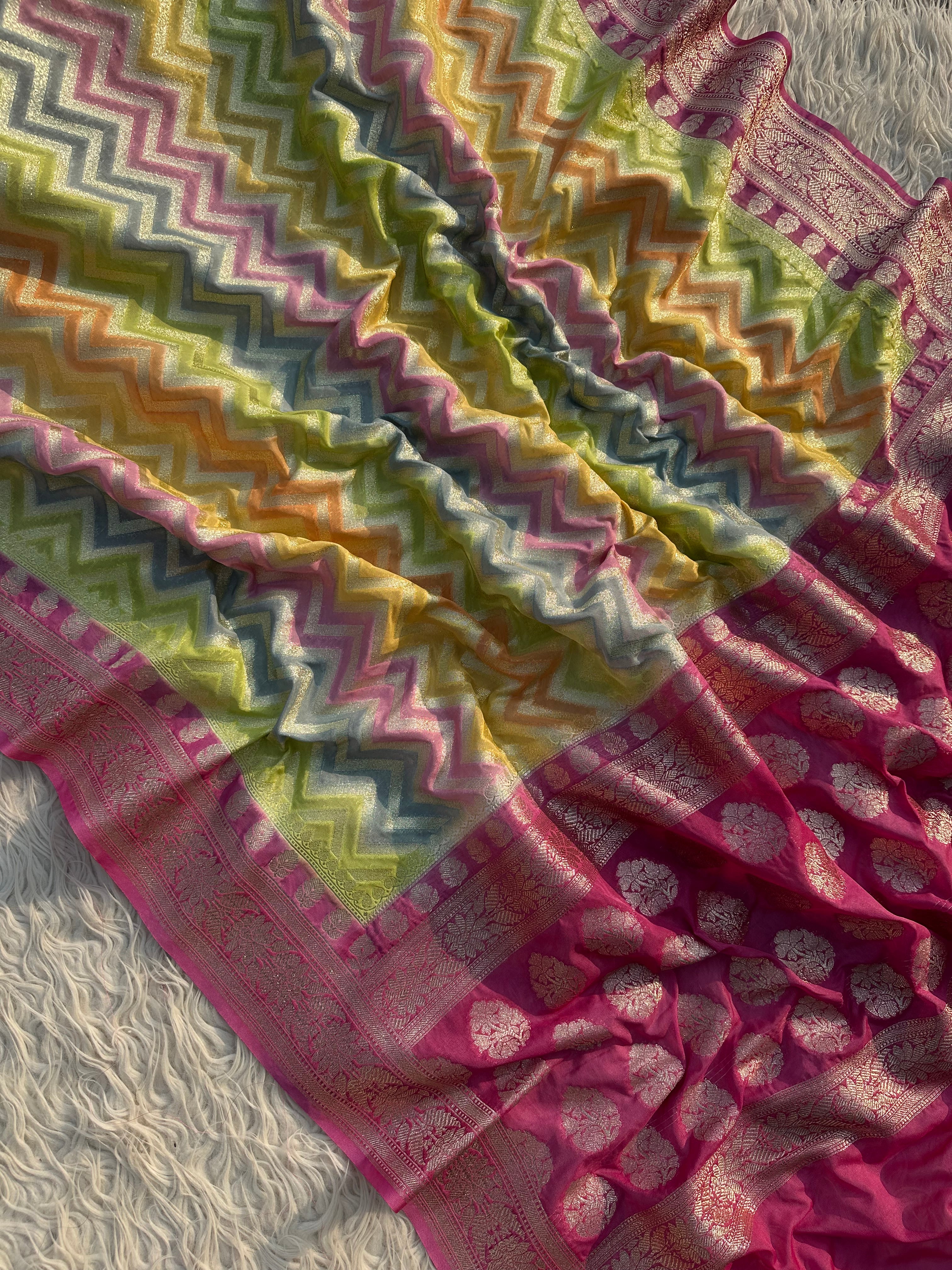 Rangkat Banarasi Zigzag Georgette Saree in Rani pink and orange Color