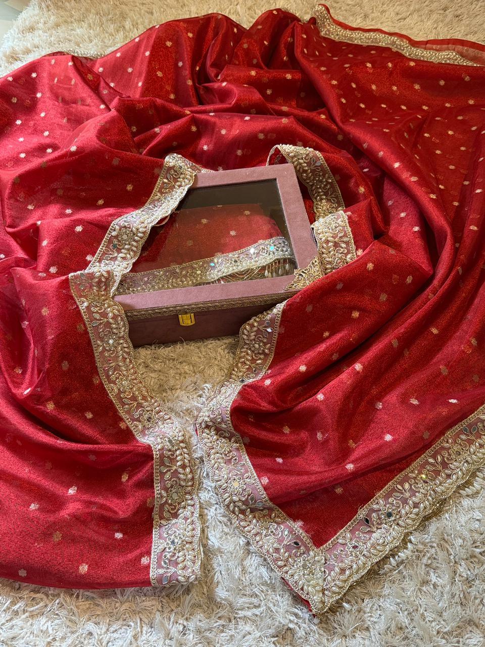 Red buti Banarasi Tissue Saree with Designer Pearl and Mirror Lace Work Jhalar Lace on Pallu