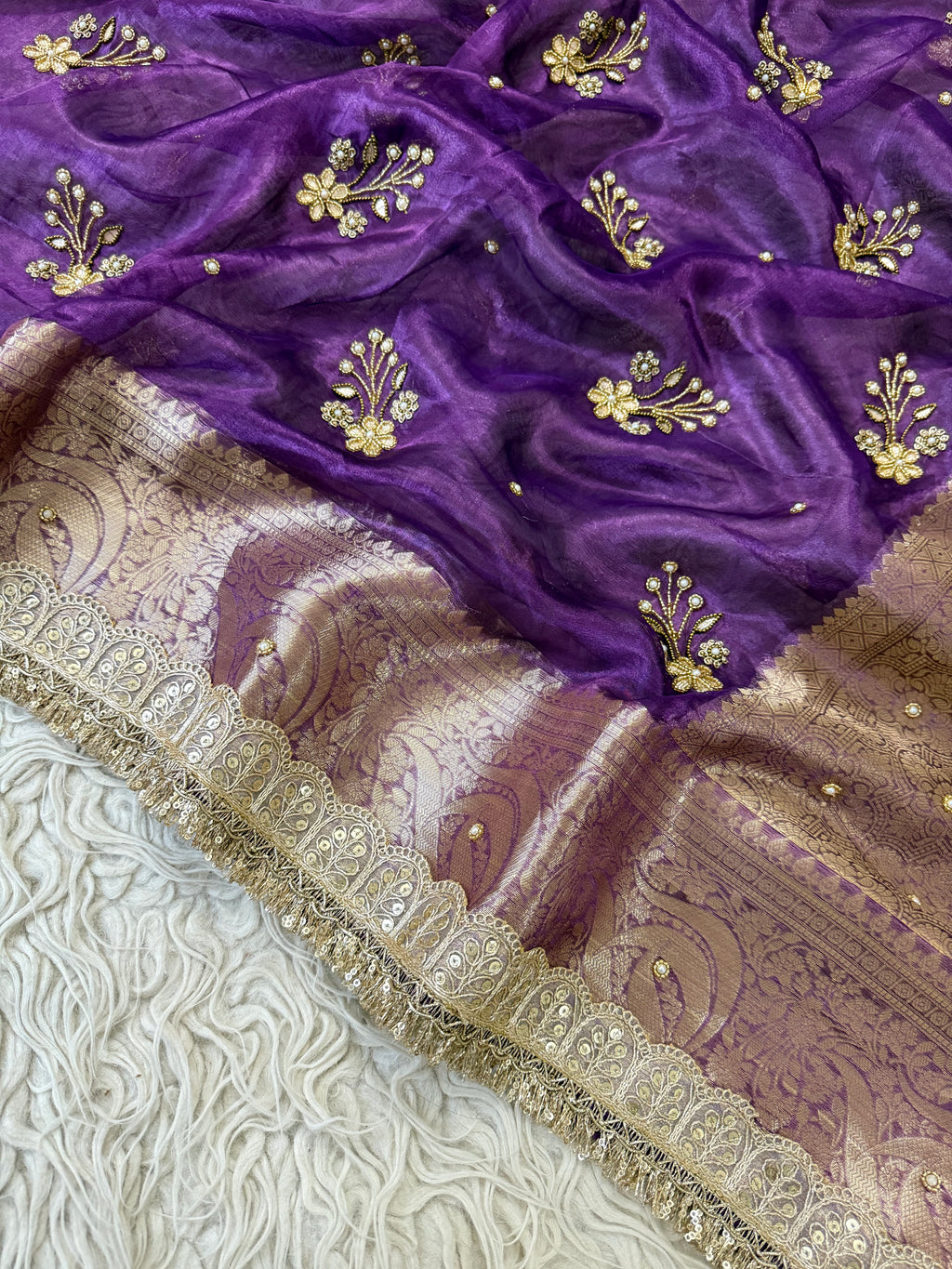 100%Pure Banarasi Tissue Saree with Hand Work on all over Body with Intricate Border and Pallu Design Along with Gotta Patti Lace Work