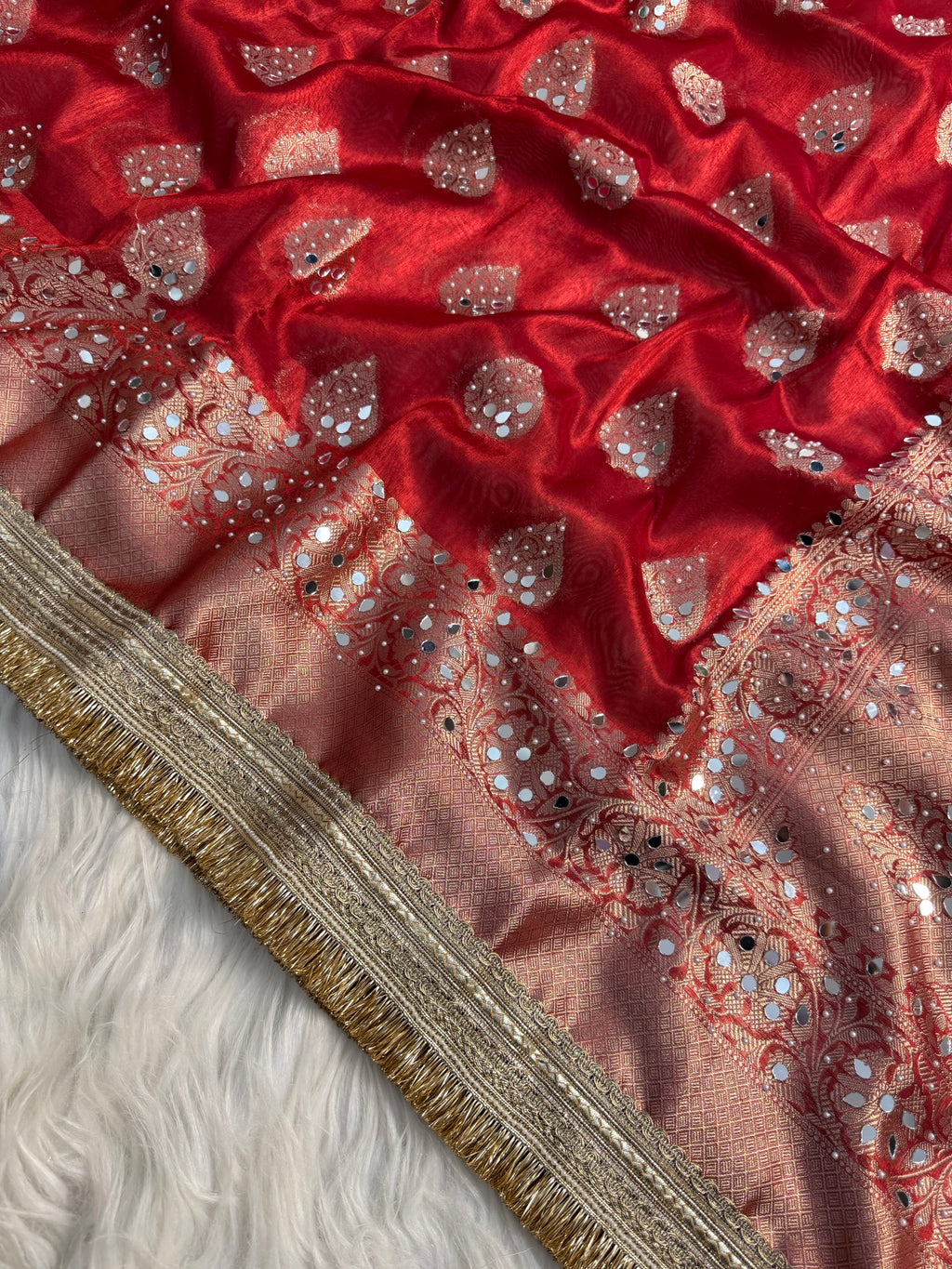 Rani pink Designer Banarasi Tissue Buta Saree with Pearl and mirror Work on all over Body with Intricate Border and Gotta Patti Lace Work