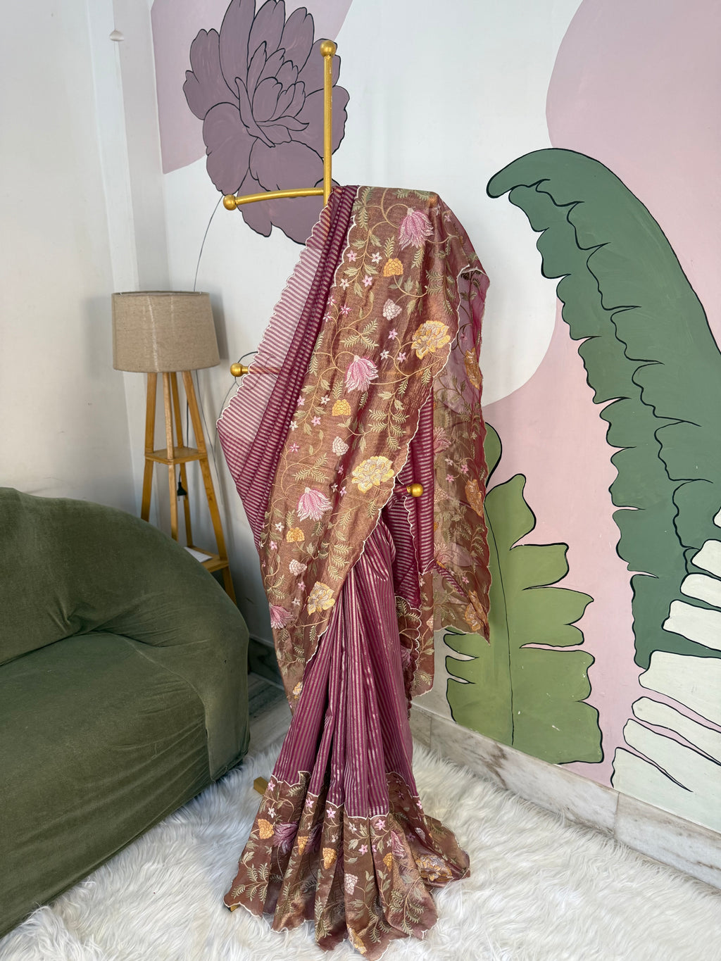 Pink Designer Chiniya Tissue Silk Stripe Saree with multi color floral embroidered on Tissue Base