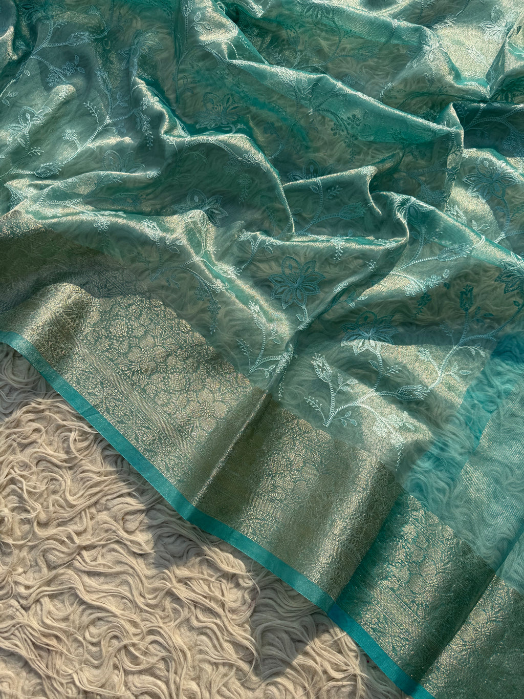 Sky Blue Banarasi Embroidery Tissue Silk Saree