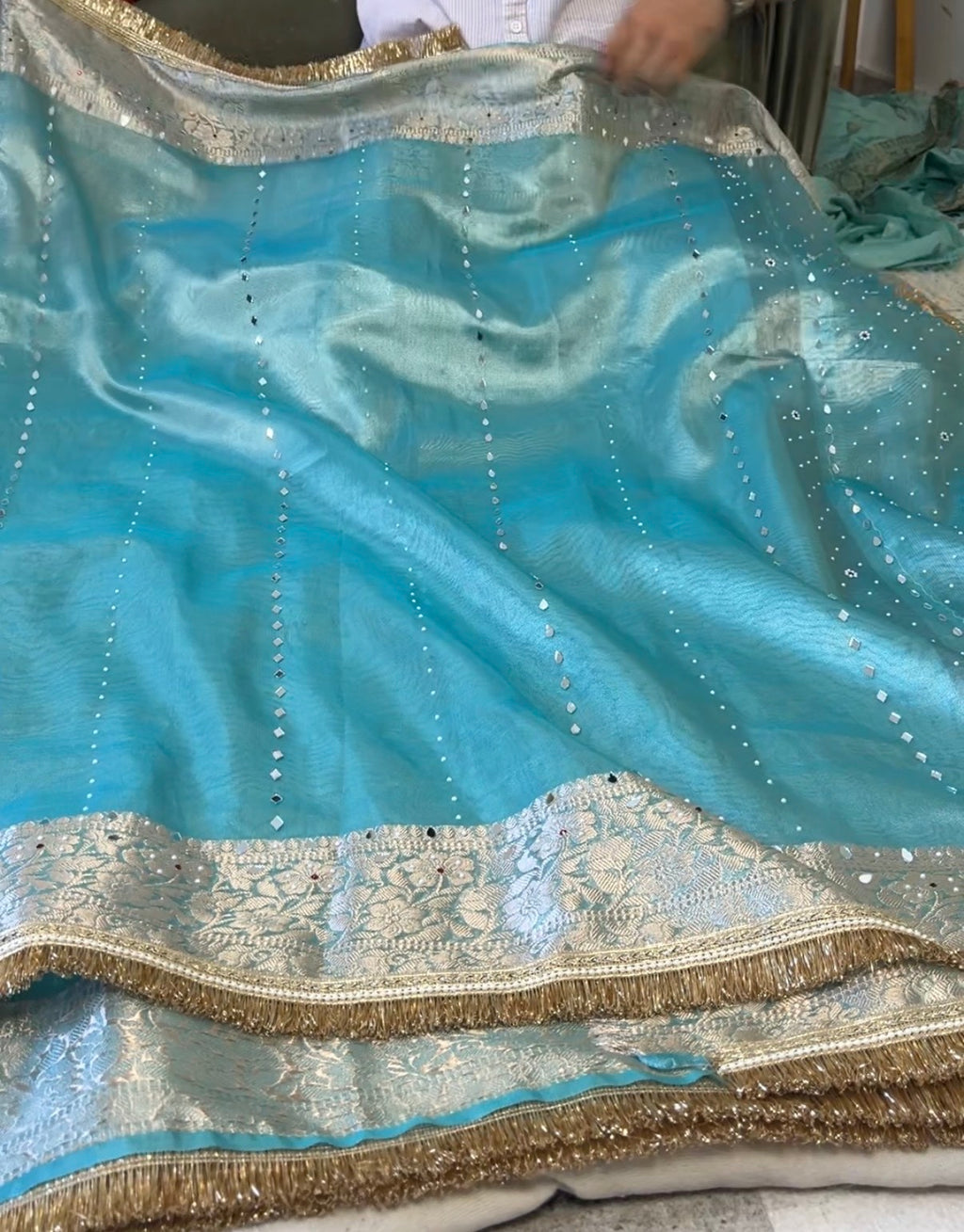 Designer Banarasi Tissue Saree with mirror Work on all over Body with Intricate Border and Pallu Design Along with heavy mirror work and Gotta Patti Lace Work