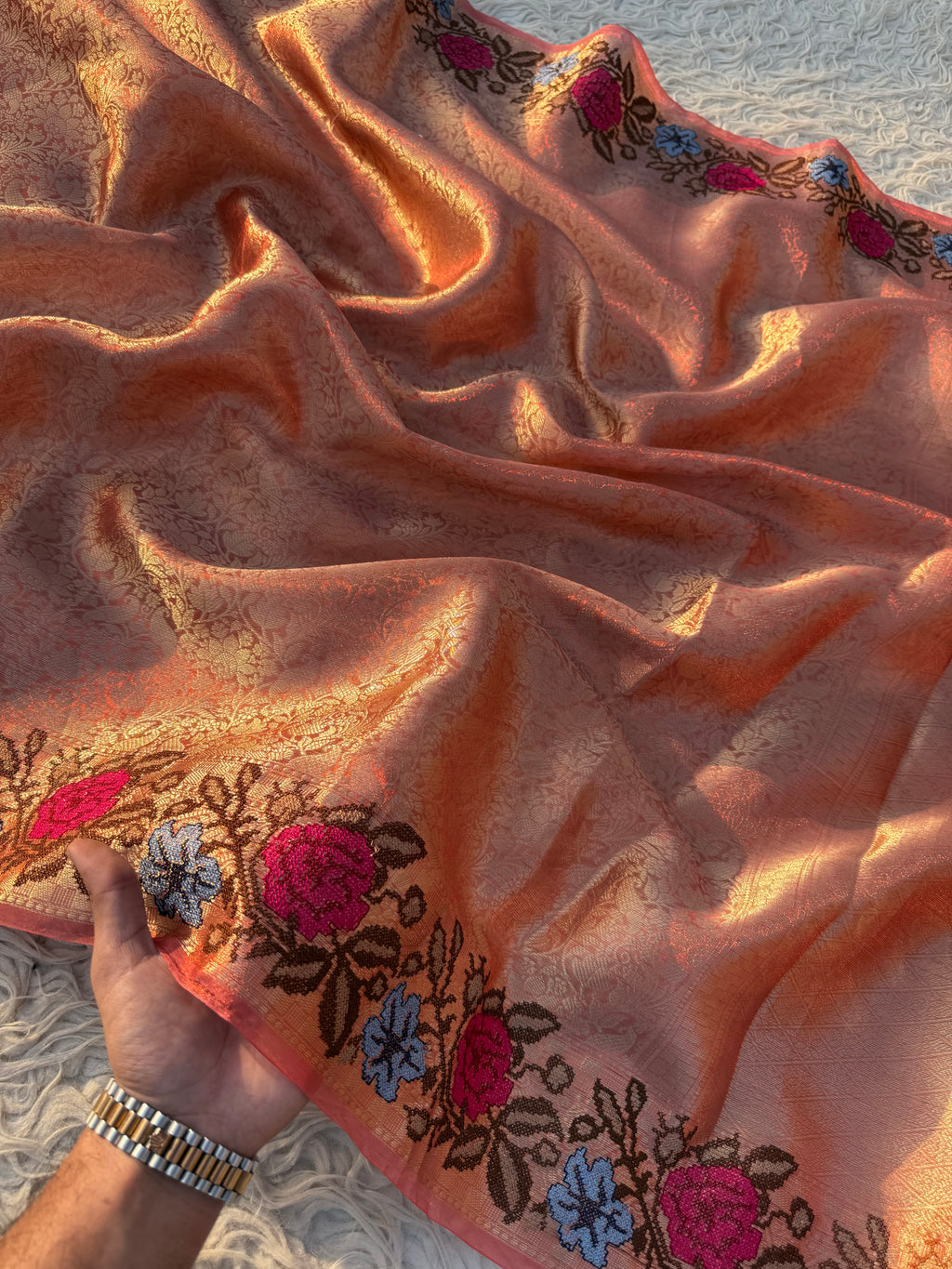 Orange Banarasi Tanchui Embroidery Tissue Silk Saree