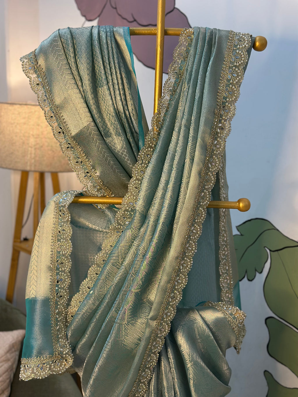 Bridal Kanjeevaram Brocade Tissue Saree with Designer Pearl and Mirror Lace Work