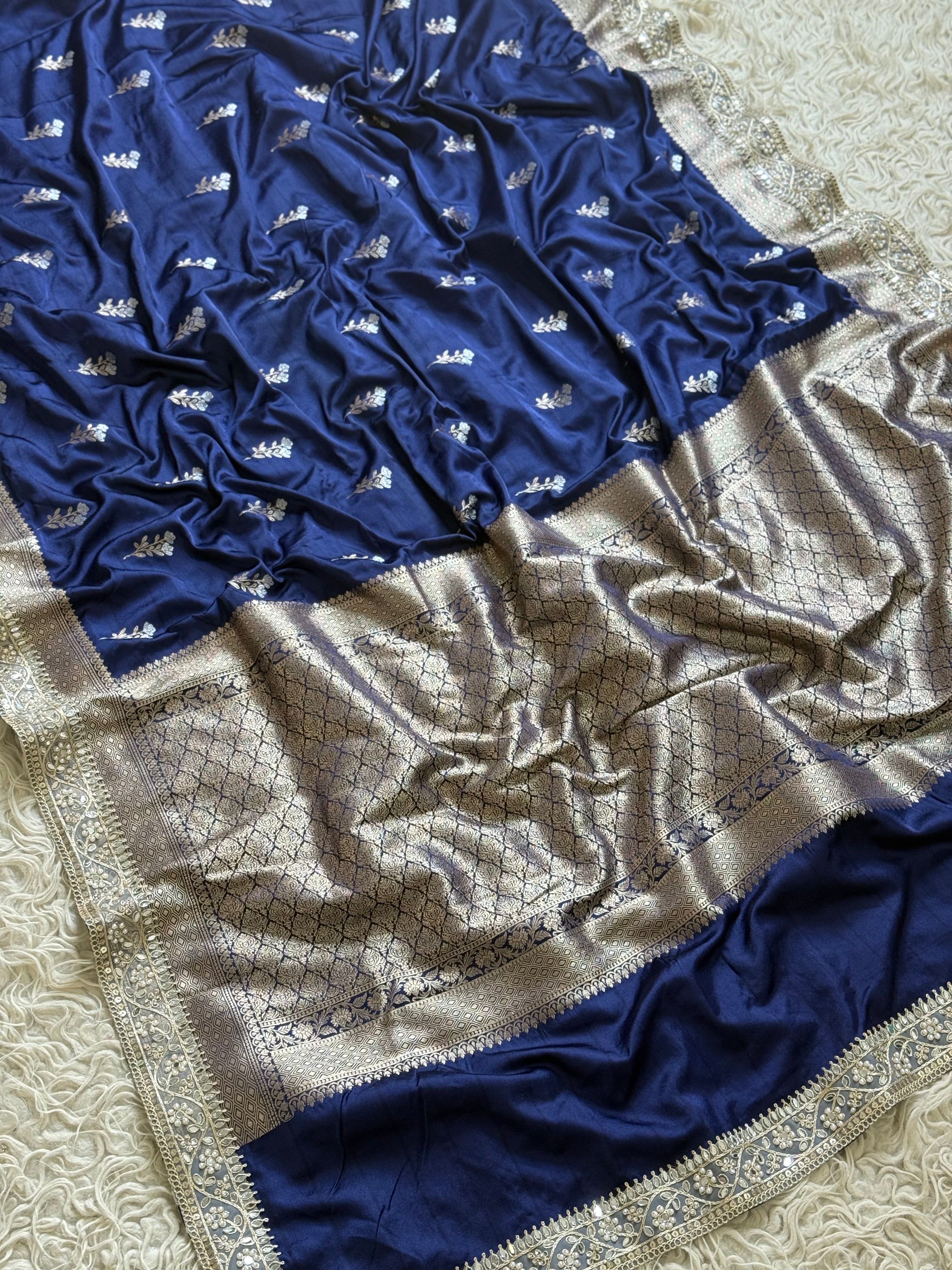 Banarasi Mashru Silk Saree All Over Alfi Meena Buta with pearl and mirror lace border