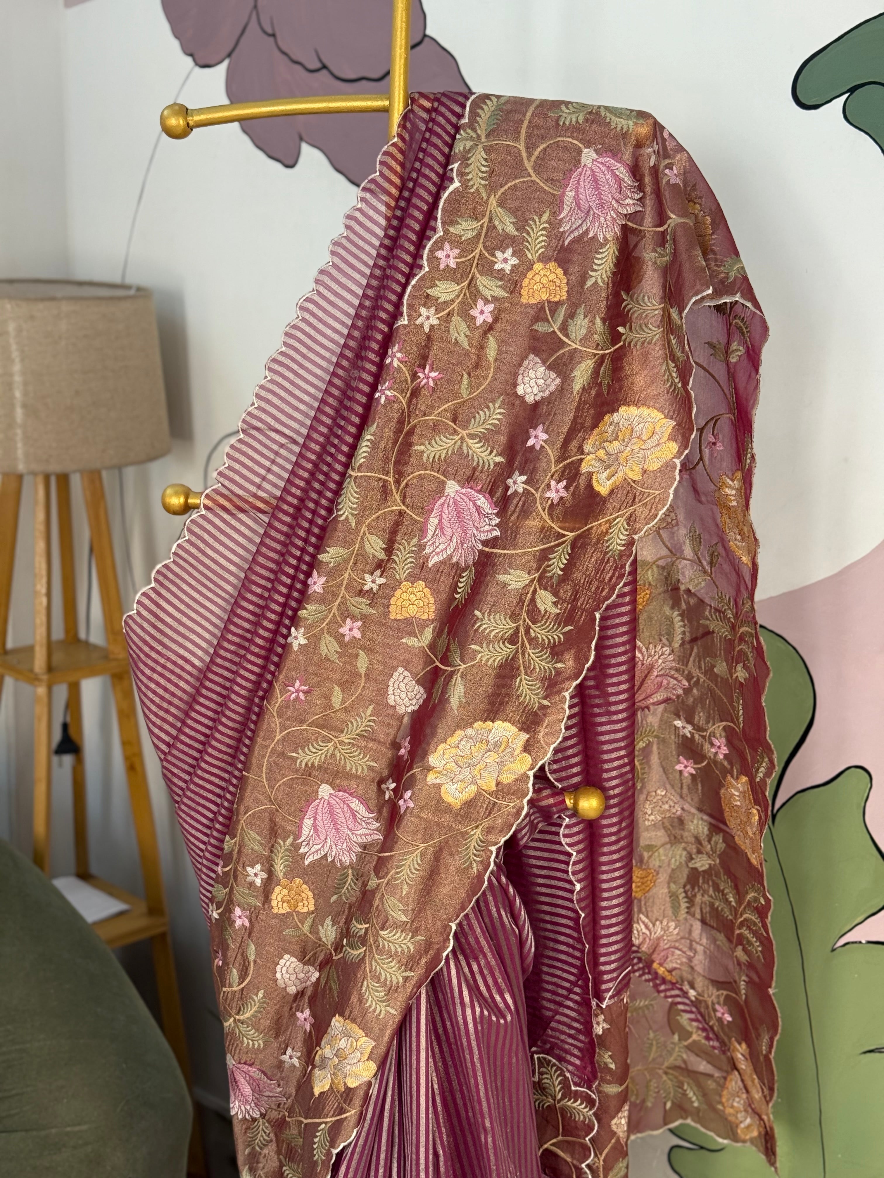 Pink Designer Chiniya Tissue Silk Stripe Saree with multi color floral embroidered on Tissue Base