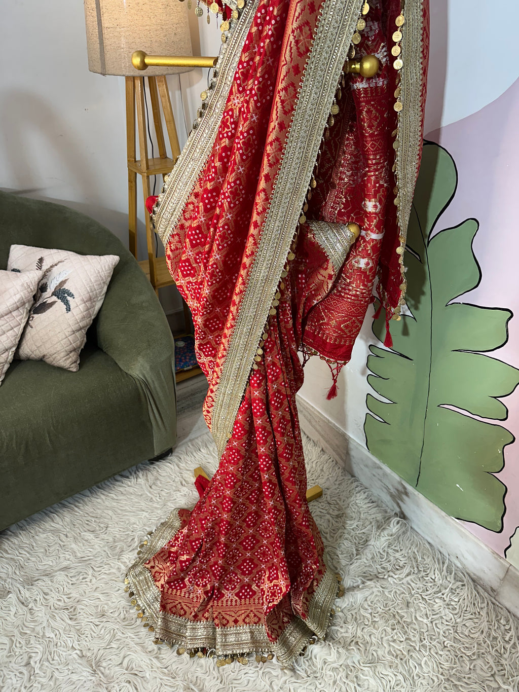 Red Designer Georgette Katan Silk Saree with Gota Patti and Coin lace