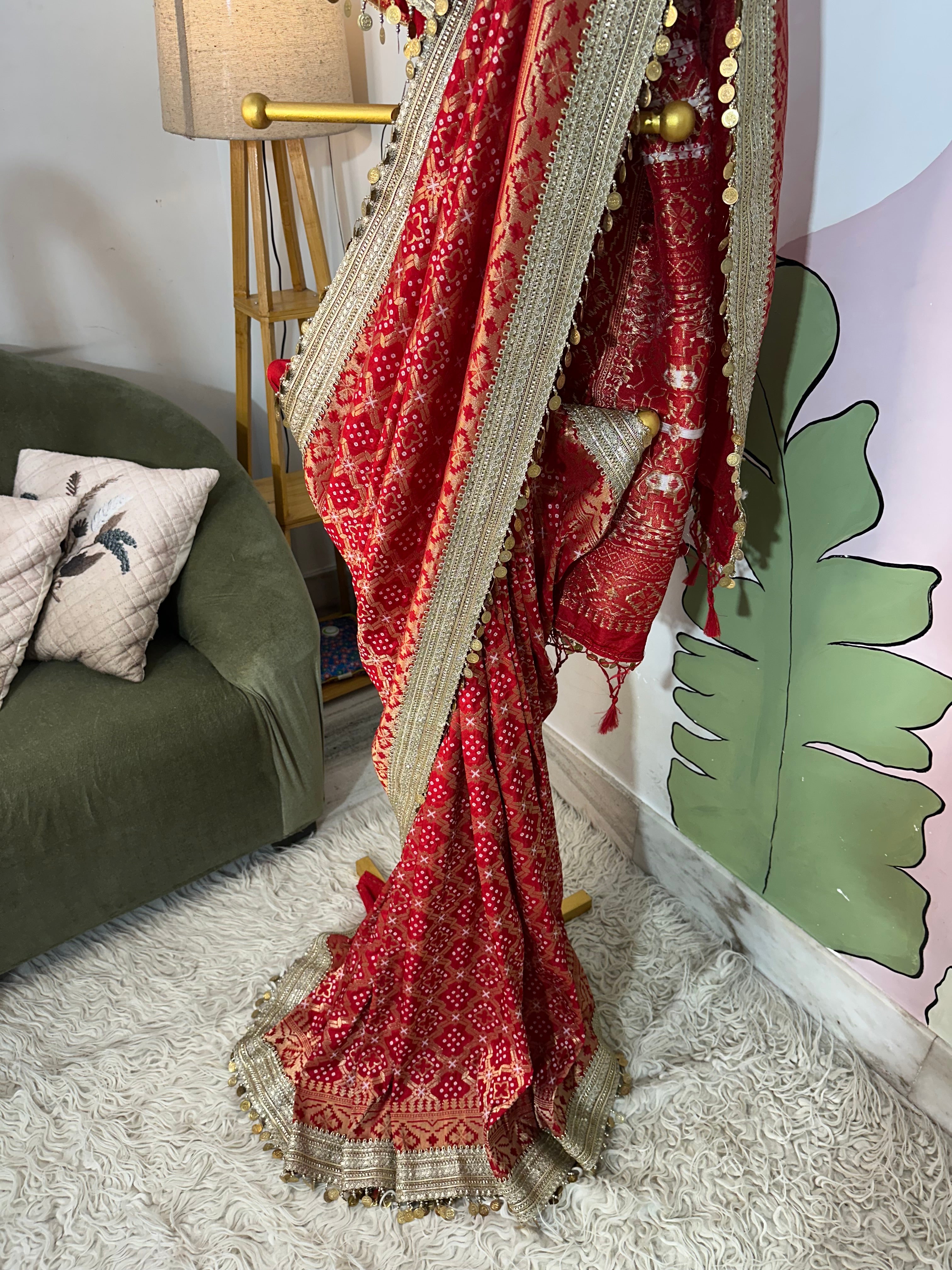 Red Designer Georgette Katan Silk Saree with Gota Patti and Coin lace