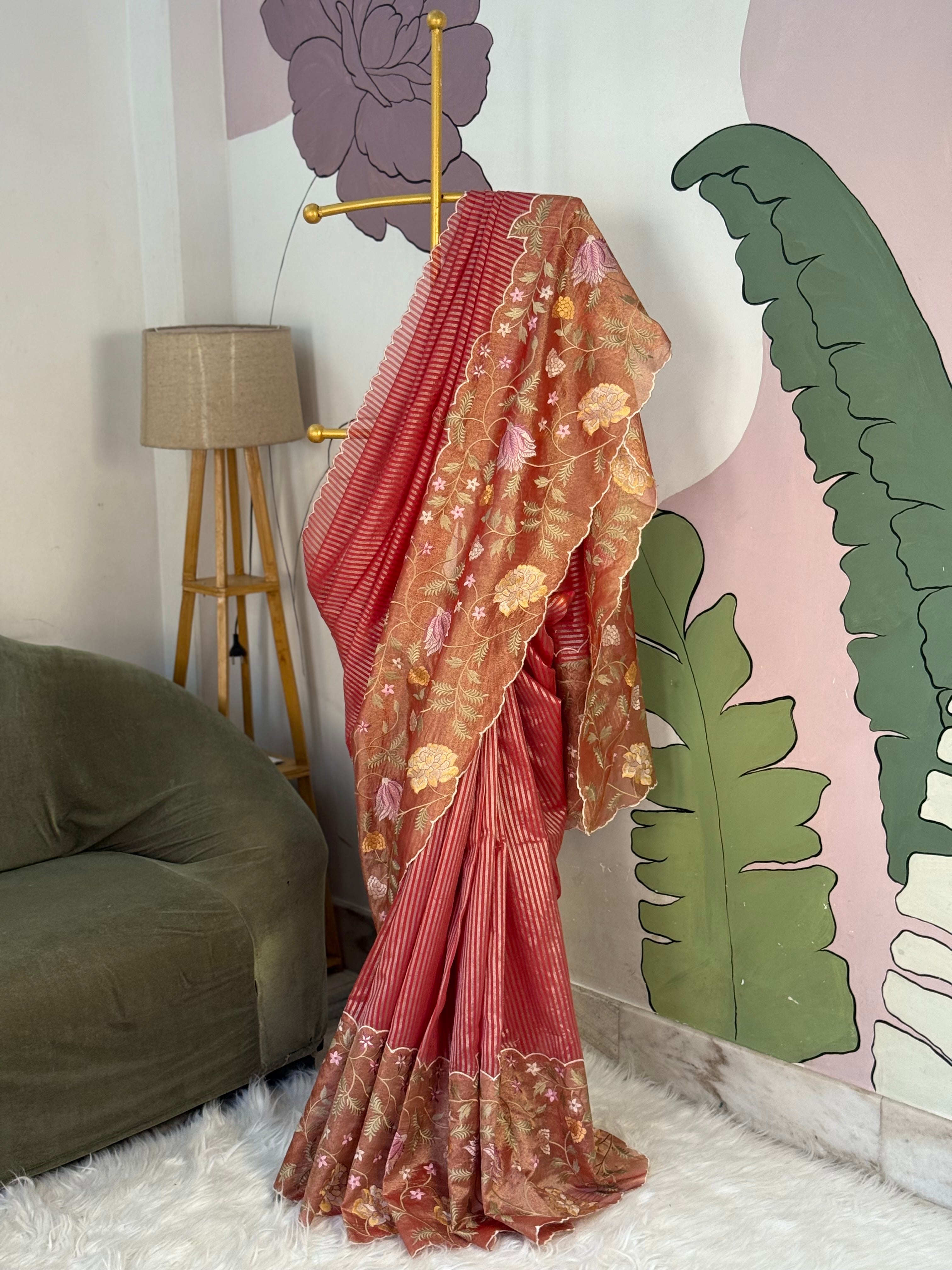 Red Designer Chiniya Tissue Silk Stripe Saree with multi color floral embroidered on Tissue Base