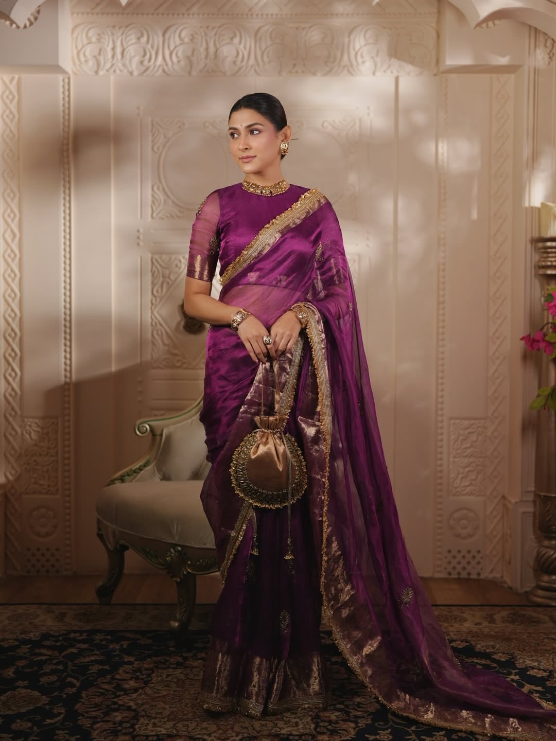 Purple 100%Pure Banarasi Tissue Saree with Hand Work on all over Body with Intricate Border and Pallu Design Along with diamond  Lace Work
