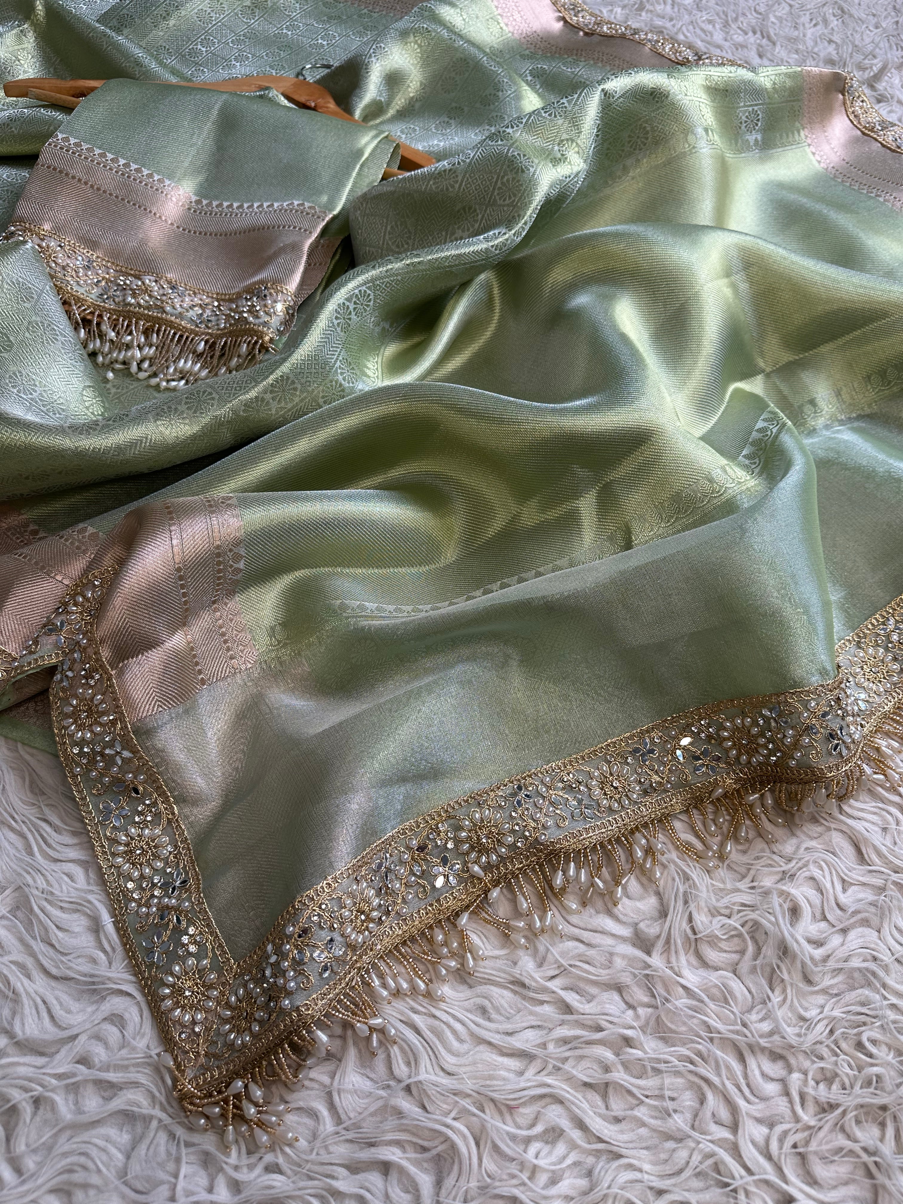 Bridal Kanjeevaram Brocade Tissue Saree with Designer Pearl and Mirror Lace Work Jhalar Lace on Pallu