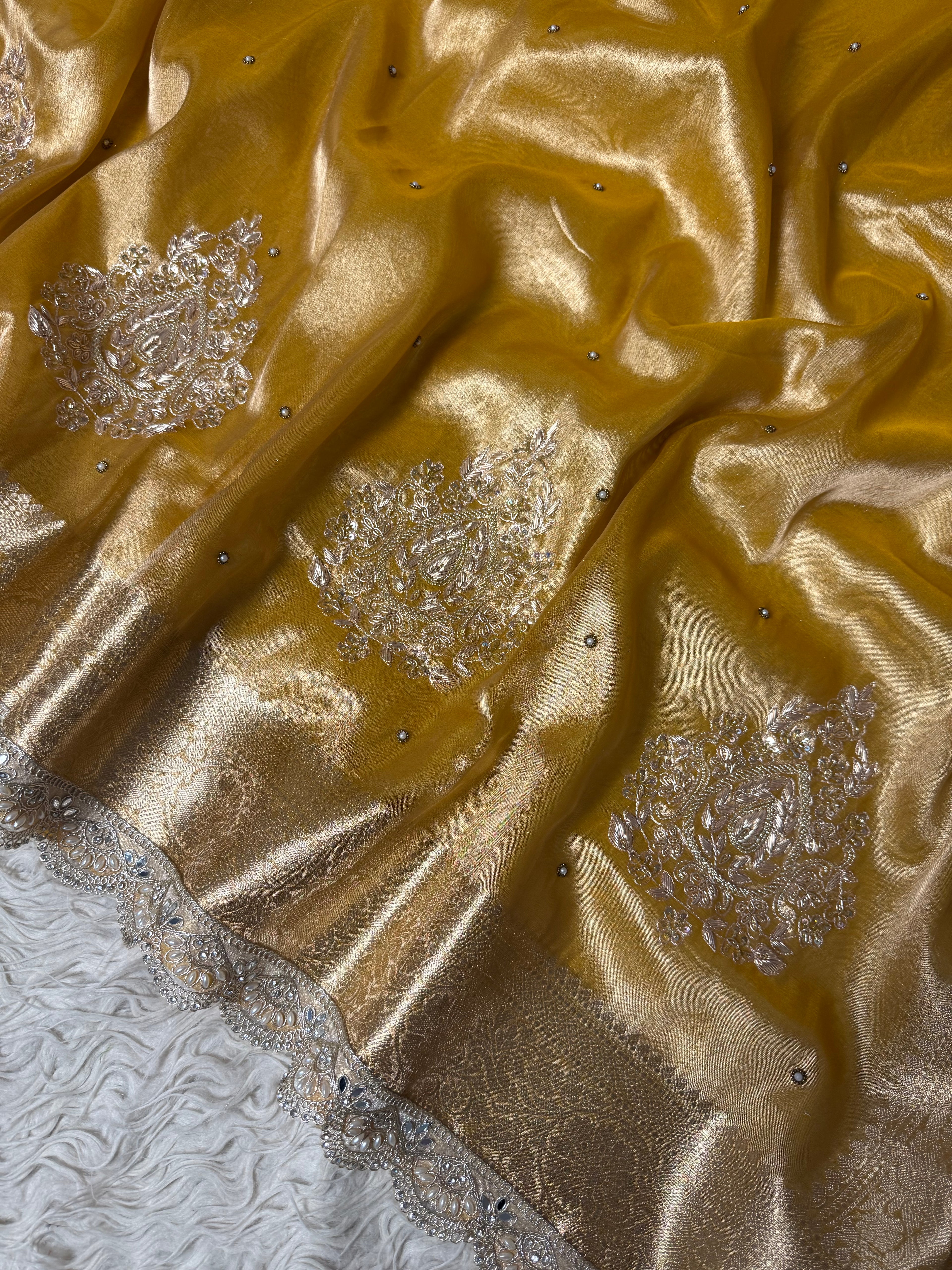 Pretty yellow Shade Banarasi Tissue Silk Zardozi Handwork Saree