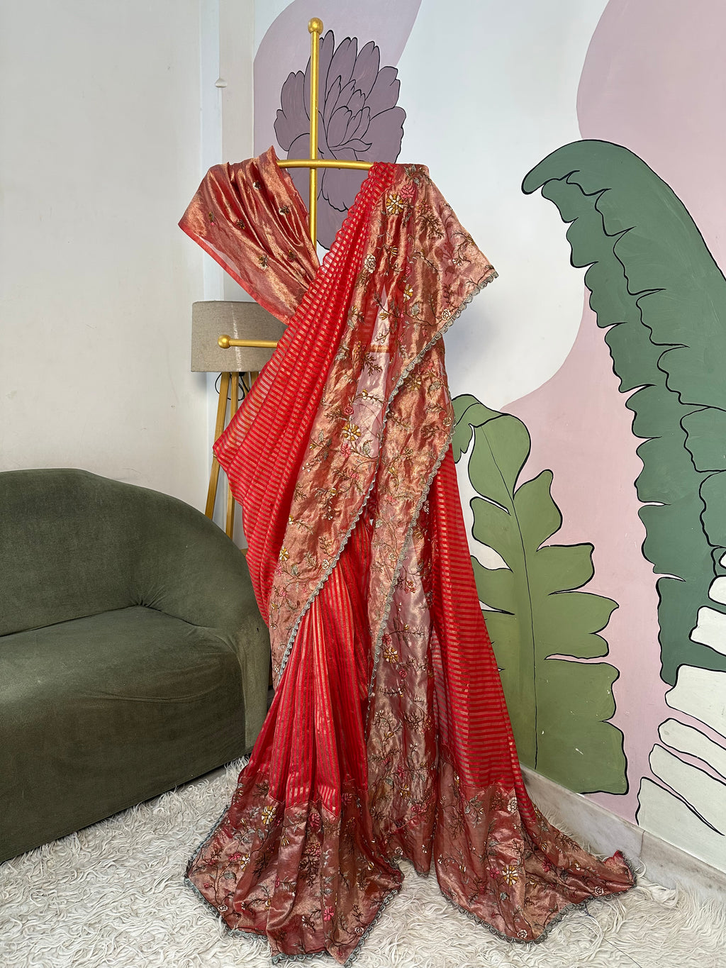 Red Designer Chiniya Tissue Silk Stripe Saree with multi color floral embroidered on Tissue Base