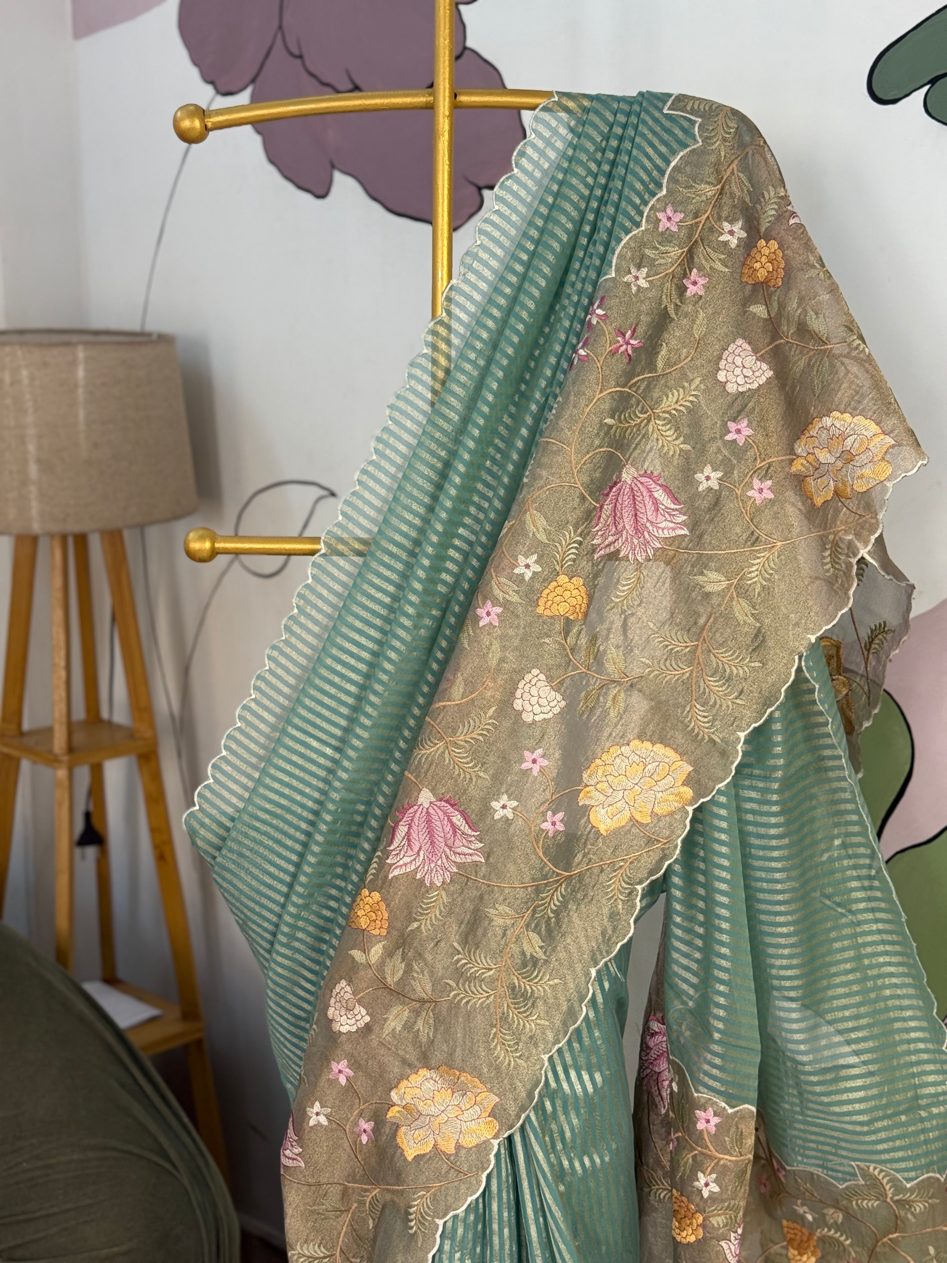 Pastel Blue Designer Chiniya Tissue Silk Stripe Saree with multi color floral embroidered on Tissue Base