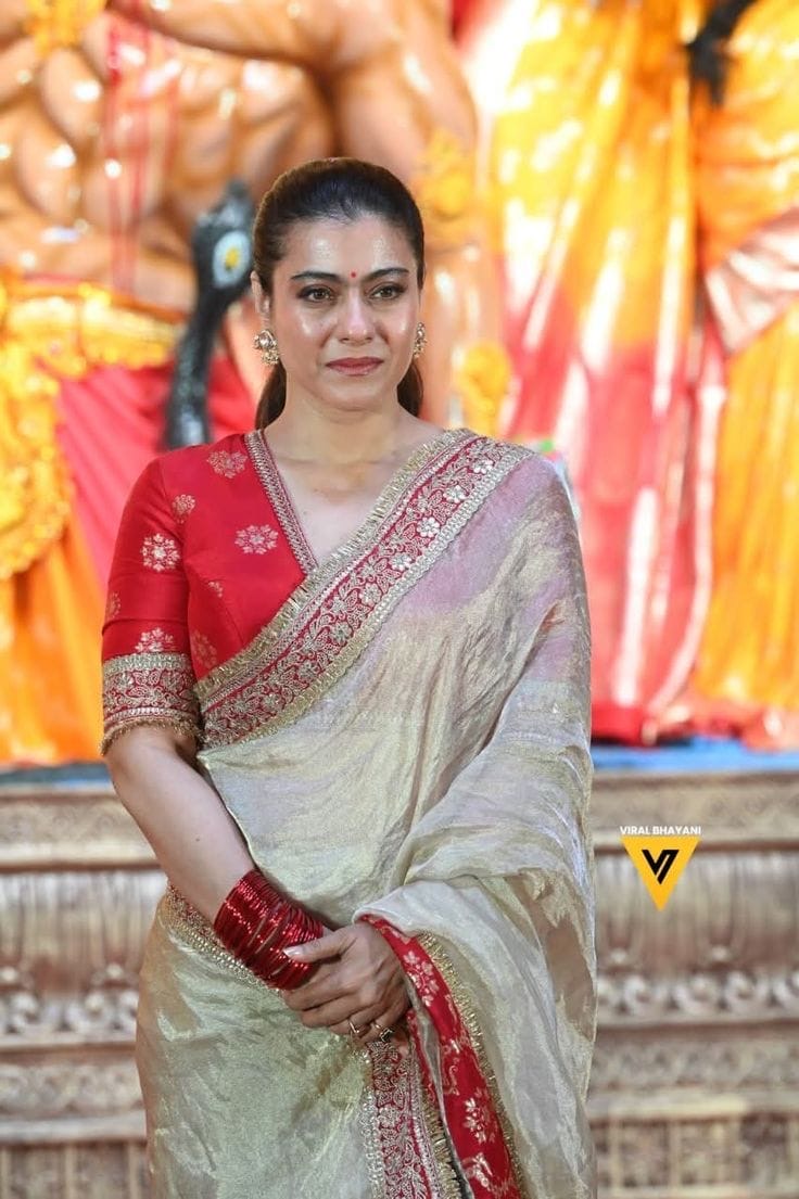 Kajol Inspired Ivory Tissue Silk Saree with Red Velvet Lace border with contrast Red Blouse