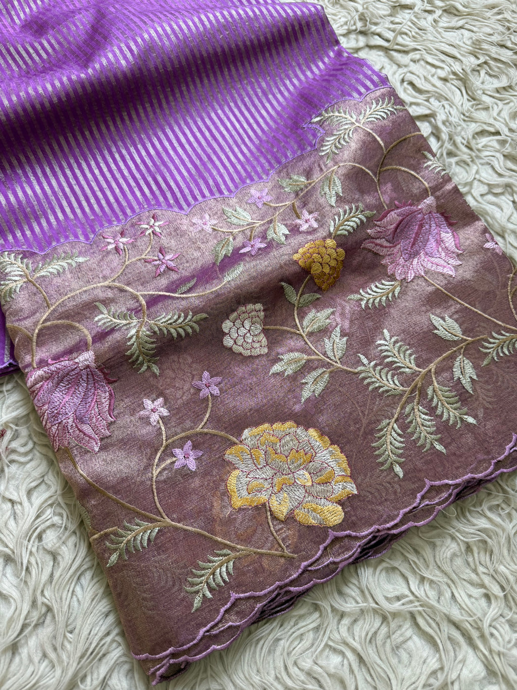 Lavender Designer Chiniya Tissue Silk Stripe Saree with multi color floral embroidered on Tissue Base